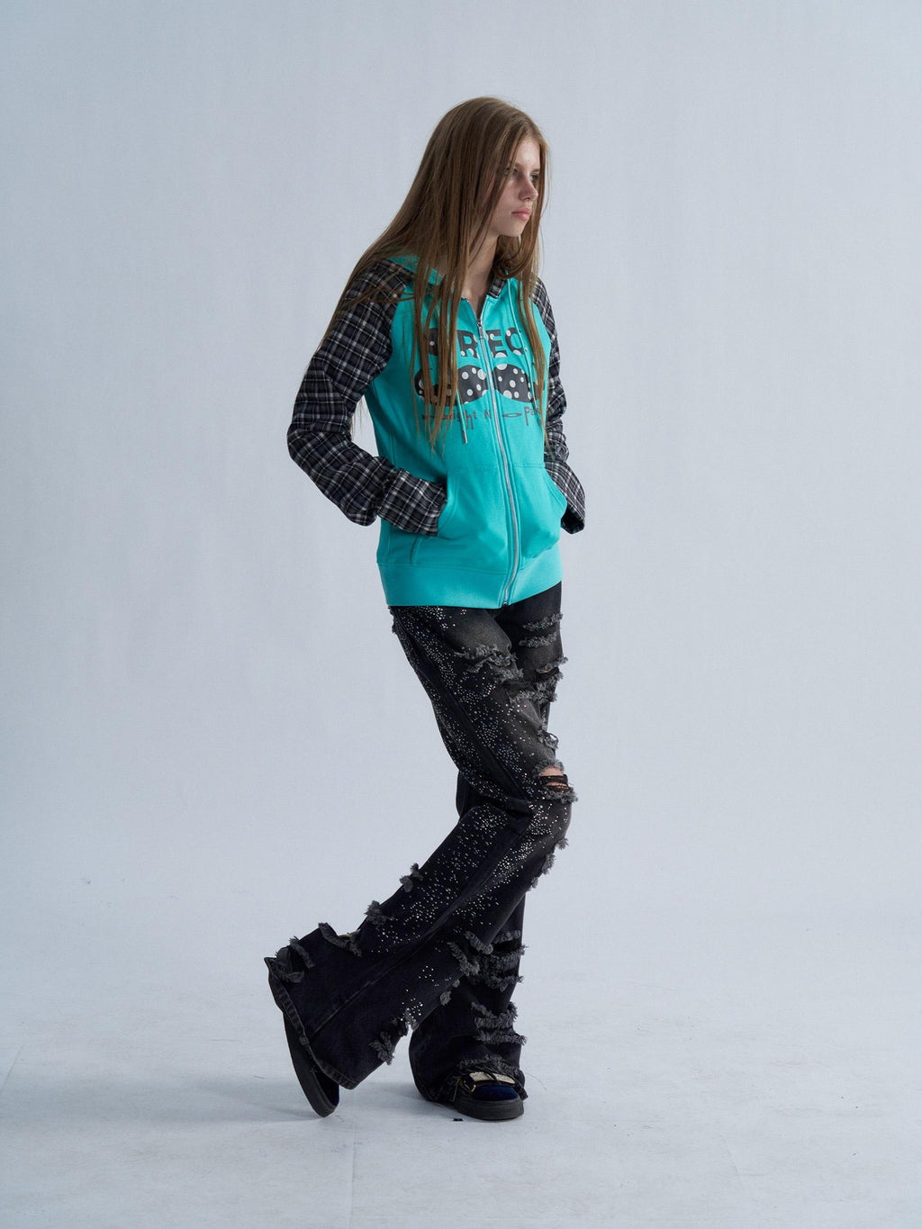 PAIKI Plaid Raglan Sleeve Moustache Print Cotton Women's Zip-up Hoodies