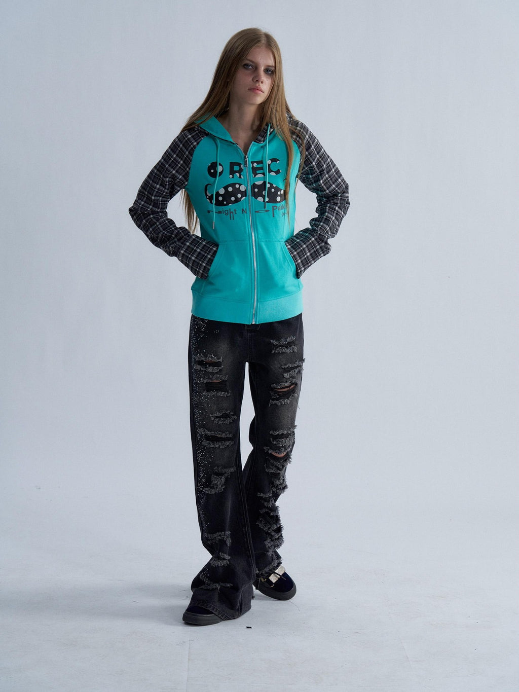 PAIKI Plaid Raglan Sleeve Moustache Print Cotton Women's Zip-up Hoodies