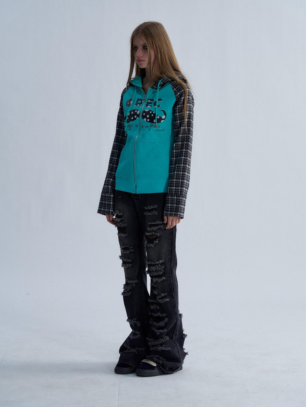 PAIKI Plaid Raglan Sleeve Moustache Print Cotton Women's Zip-up Hoodies