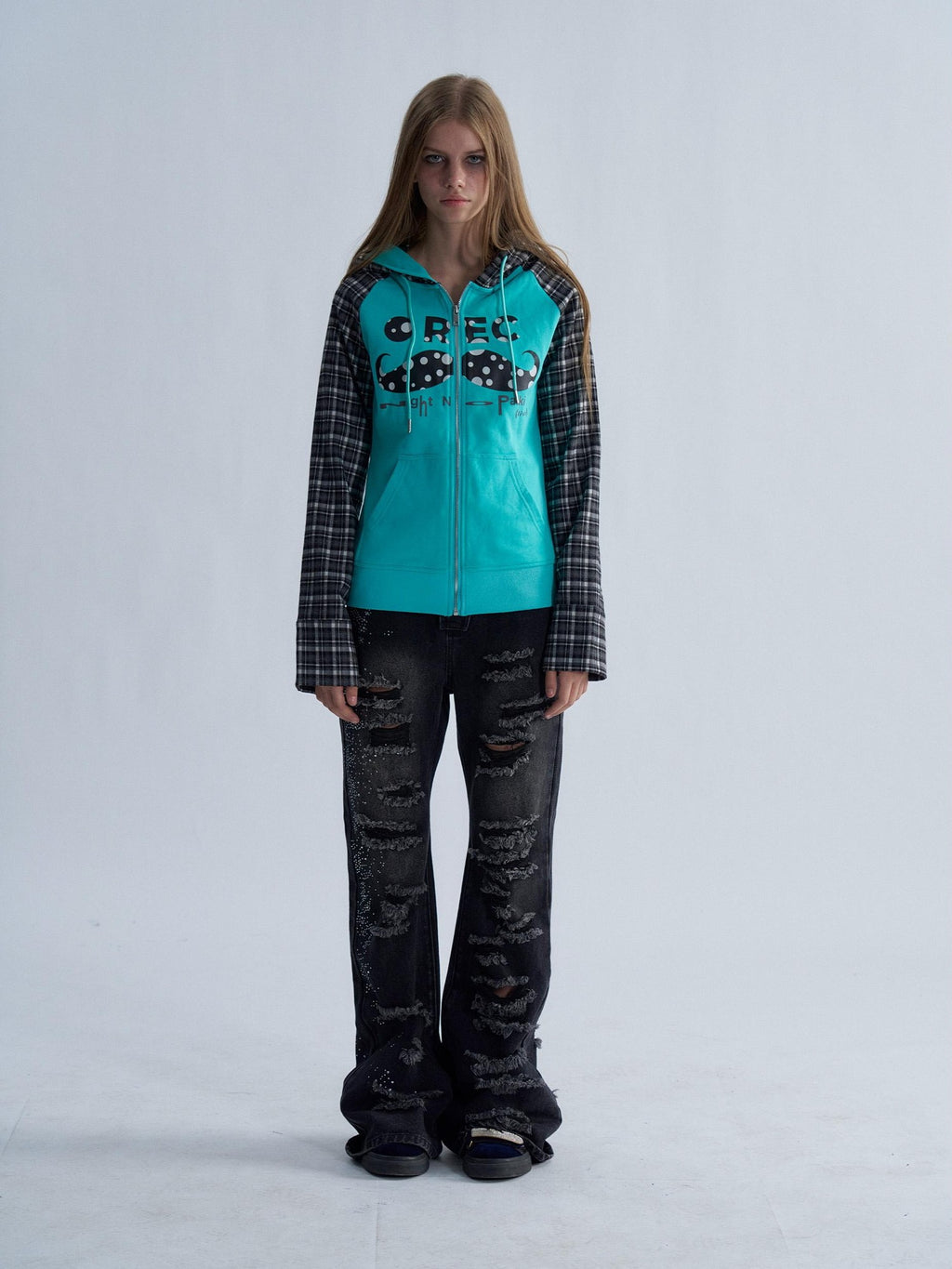 PAIKI Plaid Raglan Sleeve Moustache Print Cotton Women's Zip-up Hoodies