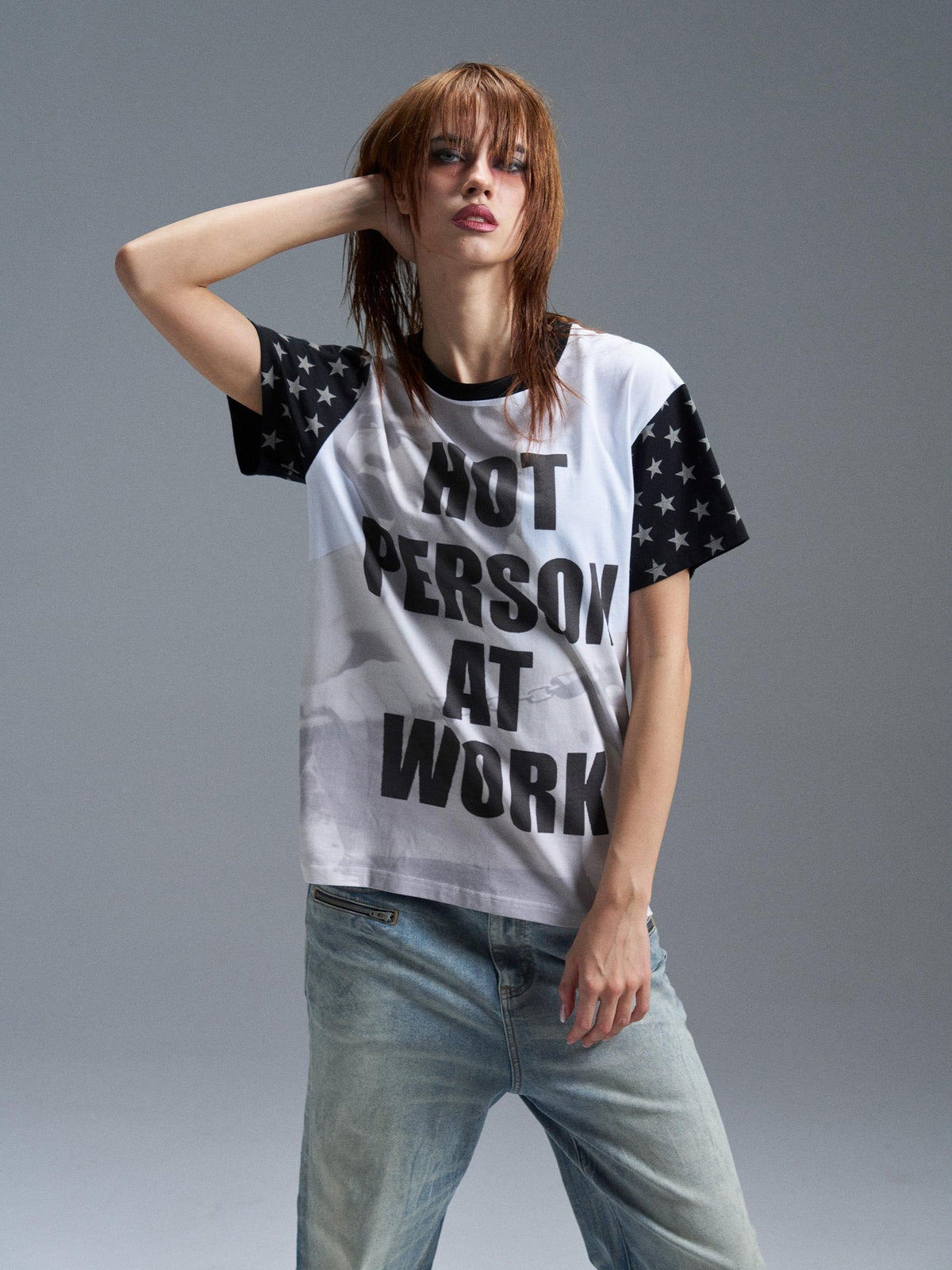 PAIKI Punk Digital Print Raglan Star Graphic Women's Cotton Short Sleeve T-shirts