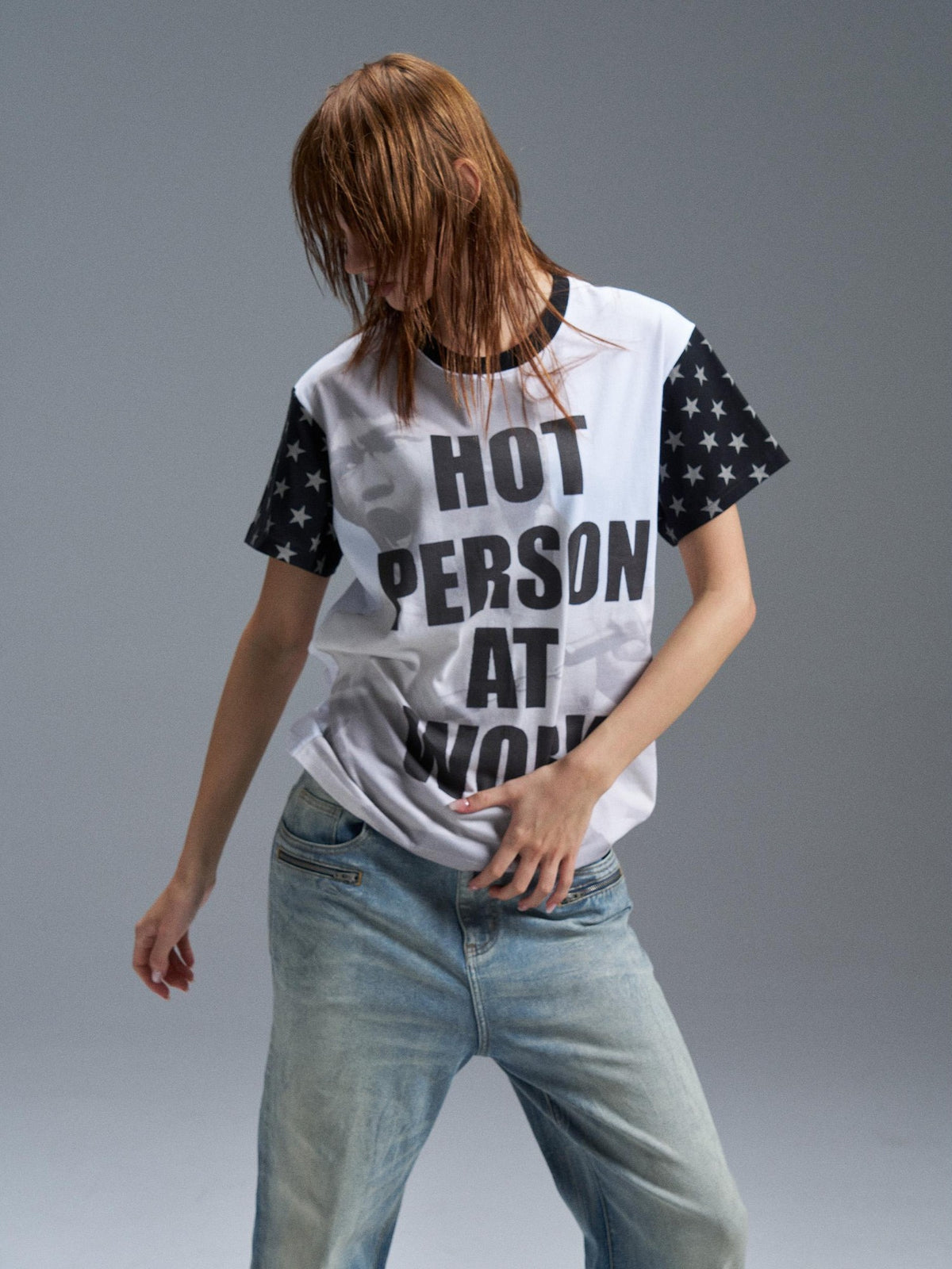 PAIKI Punk Digital Print Raglan Star Graphic Women's Cotton Short Sleeve T-shirts