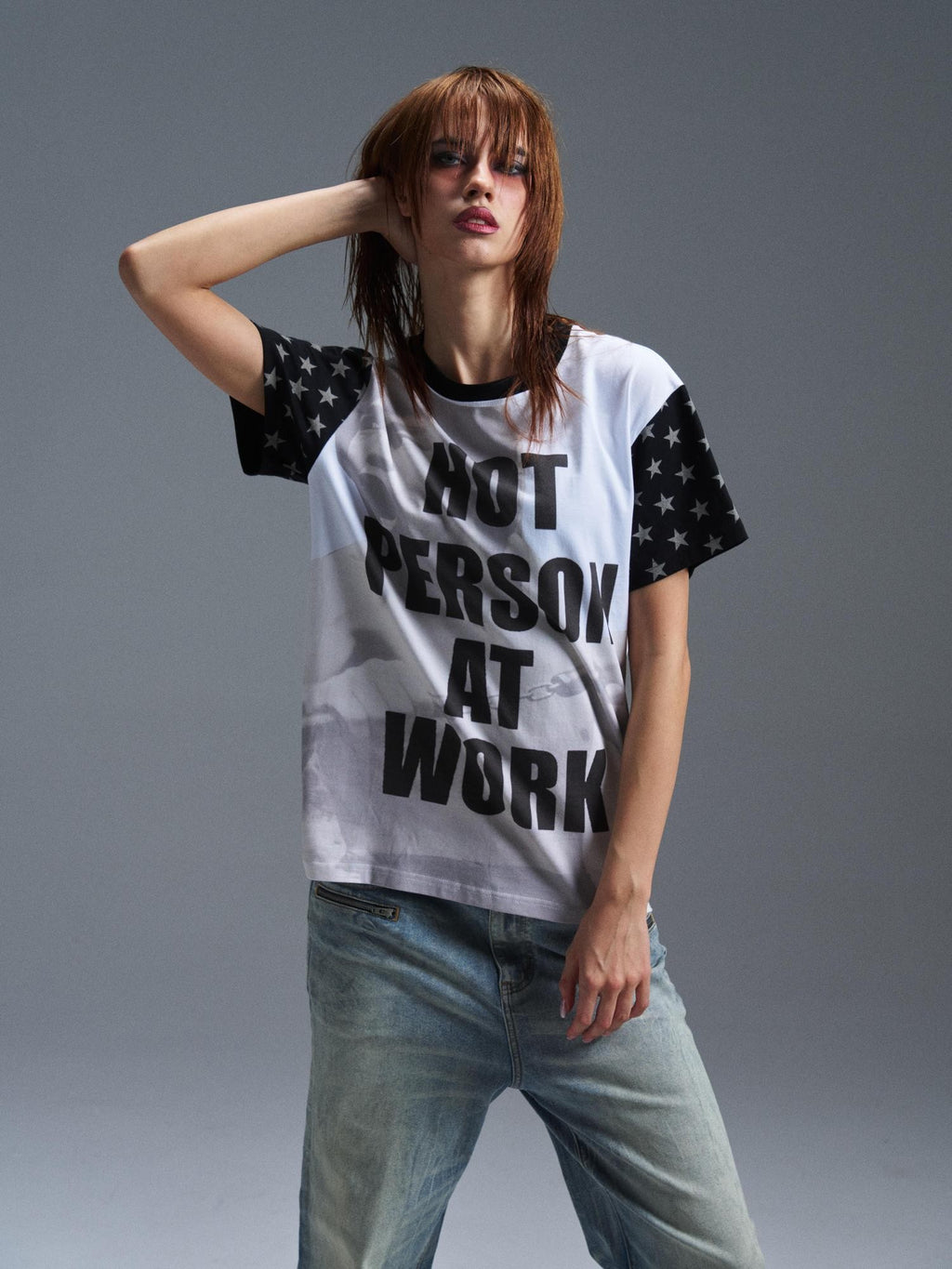PAIKI Punk Digital Print Raglan Star Graphic Women's Cotton Short Sleeve T-shirts