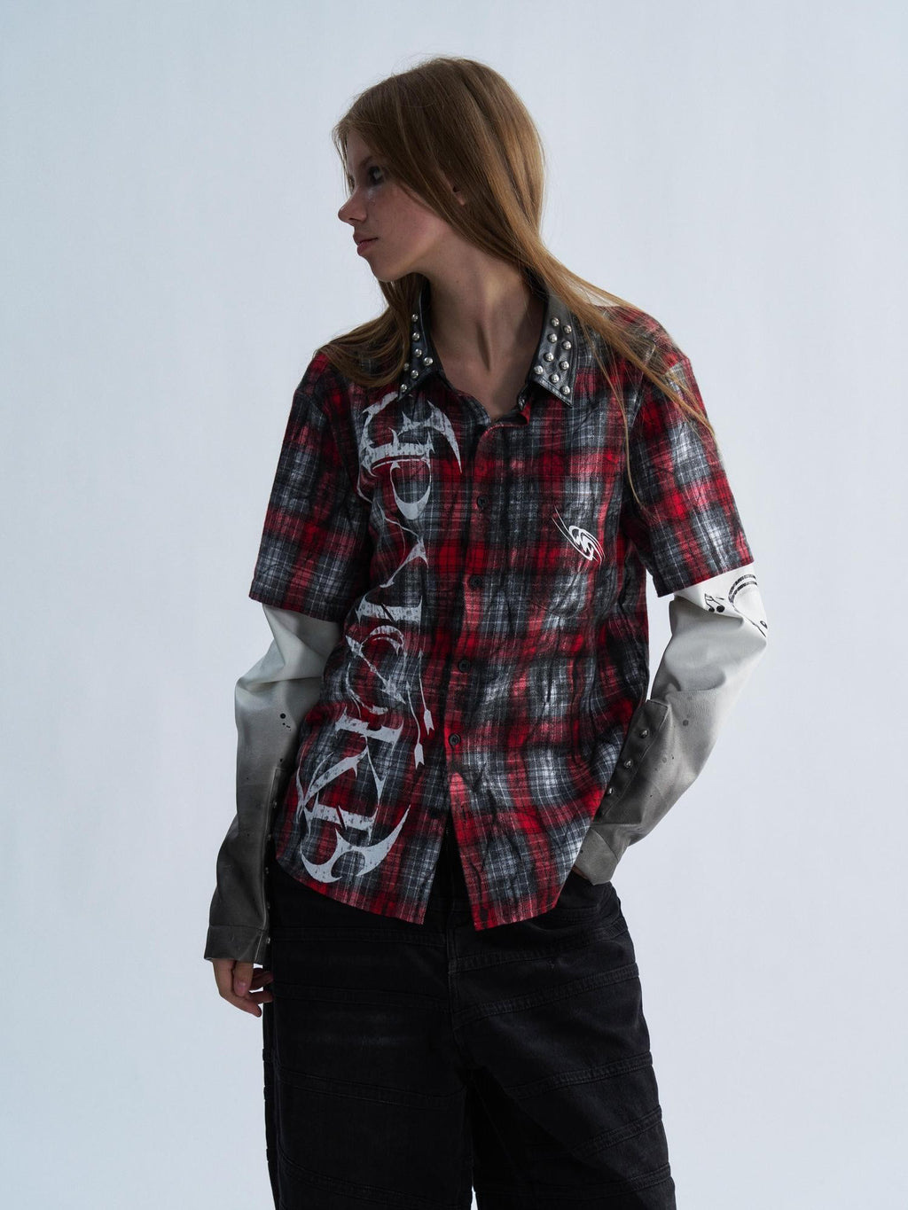 PAIKI Punk Plaid Studded Faux Layered Women's Cotton Print Shirts