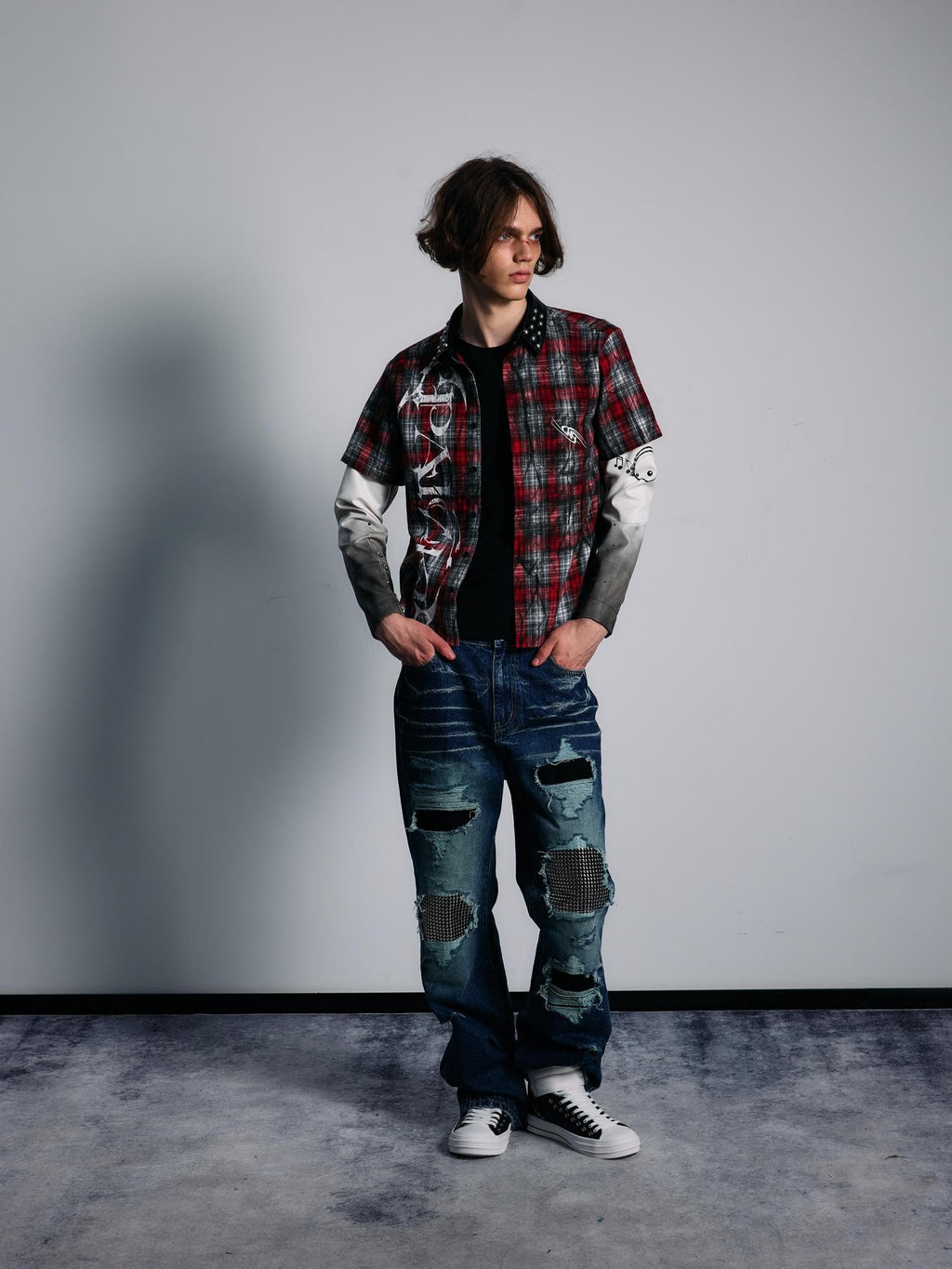 PAIKI Punk Plaid Studded Faux Layered Women's Cotton Print Shirts