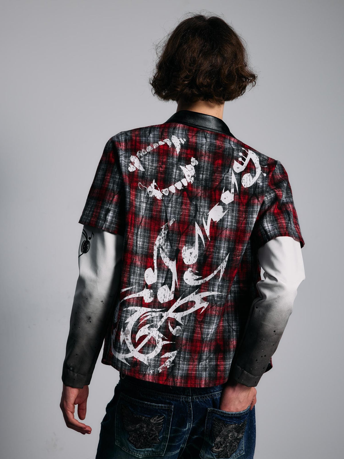 PAIKI Punk Plaid Studded Faux Layered Women's Cotton Print Shirts