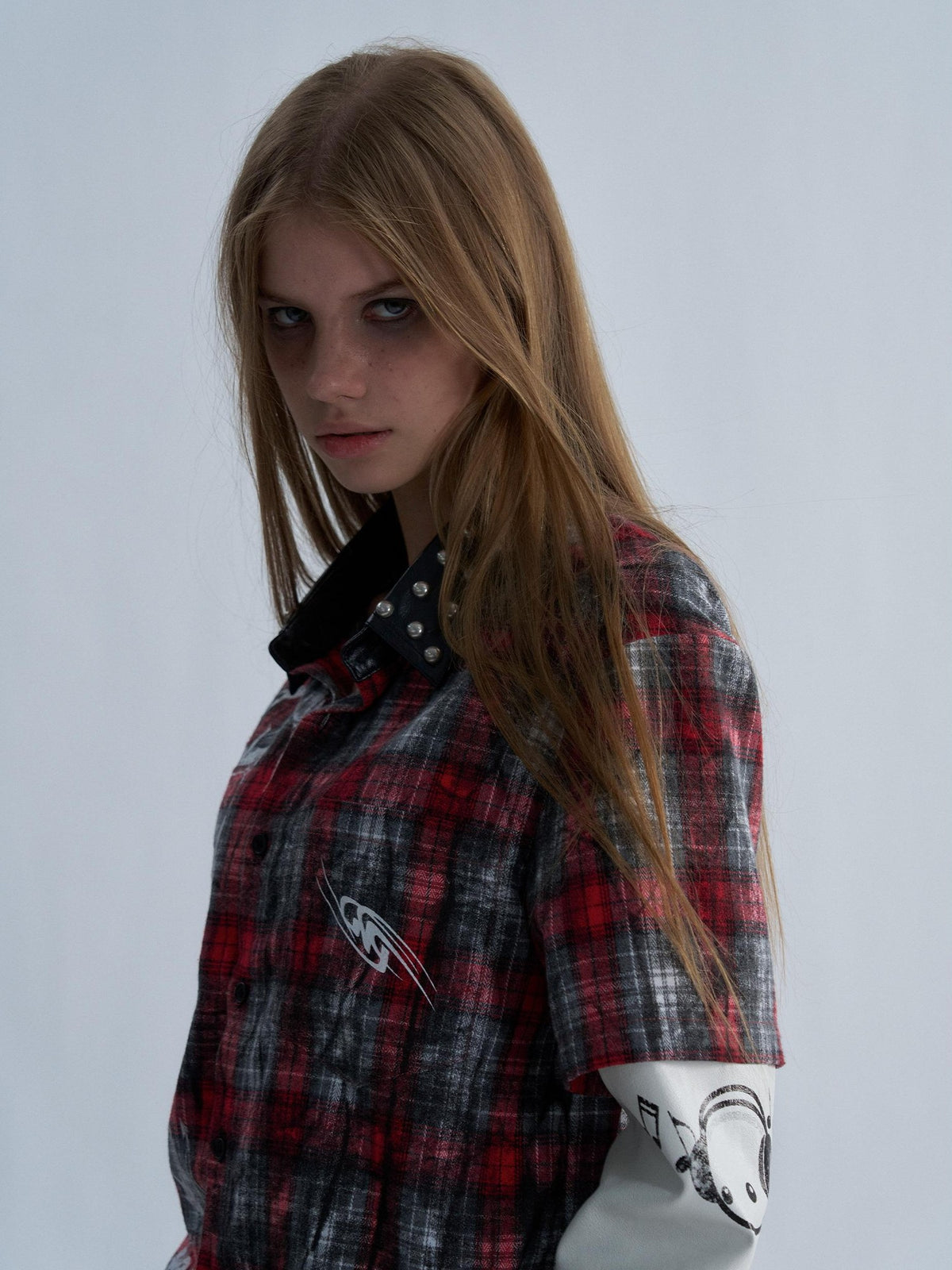 PAIKI Punk Plaid Studded Faux Layered Women's Cotton Print Shirts