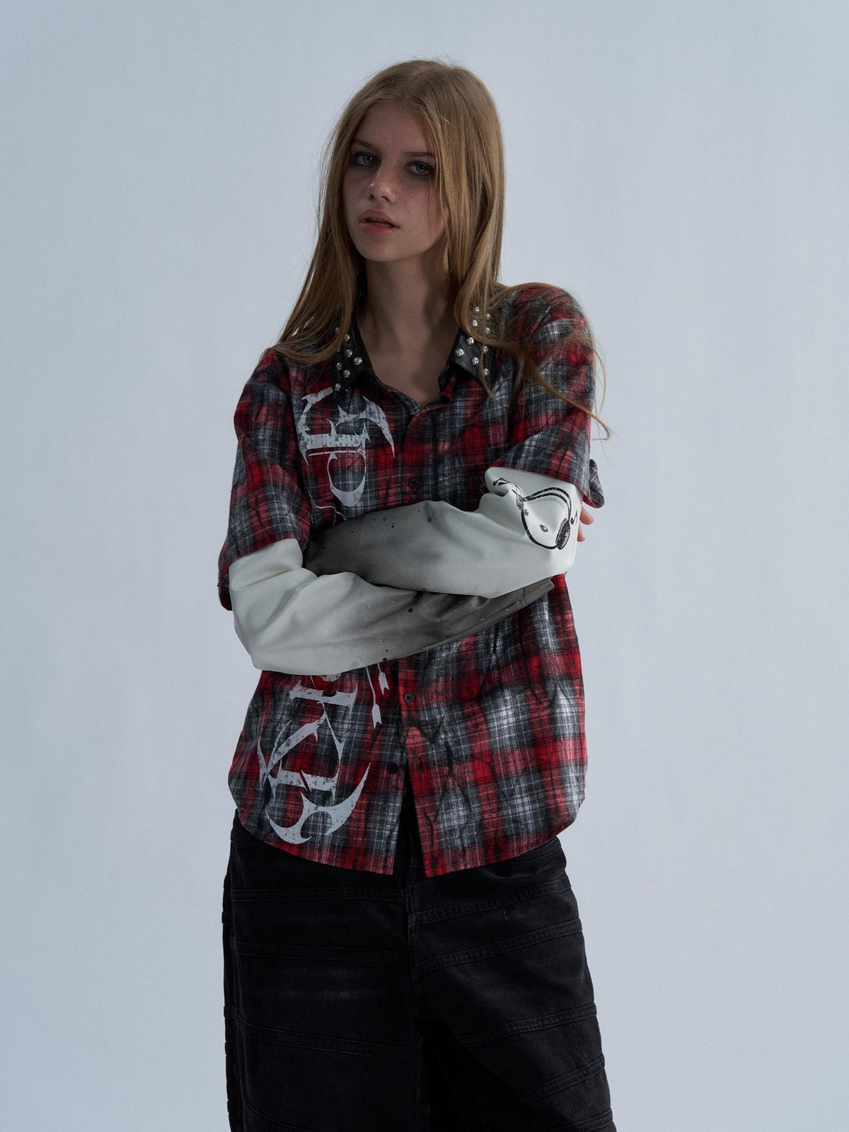 PAIKI Punk Plaid Studded Faux Layered Women's Cotton Print Shirts