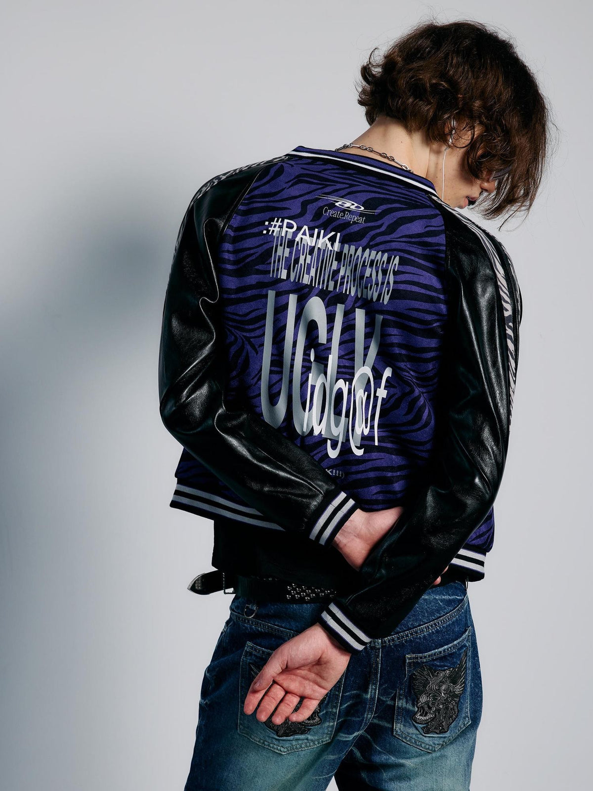 PAIKI Purple Tiger Stripe Embroidered Paneled Slim Fit Women's Cropped Varsity Jackets