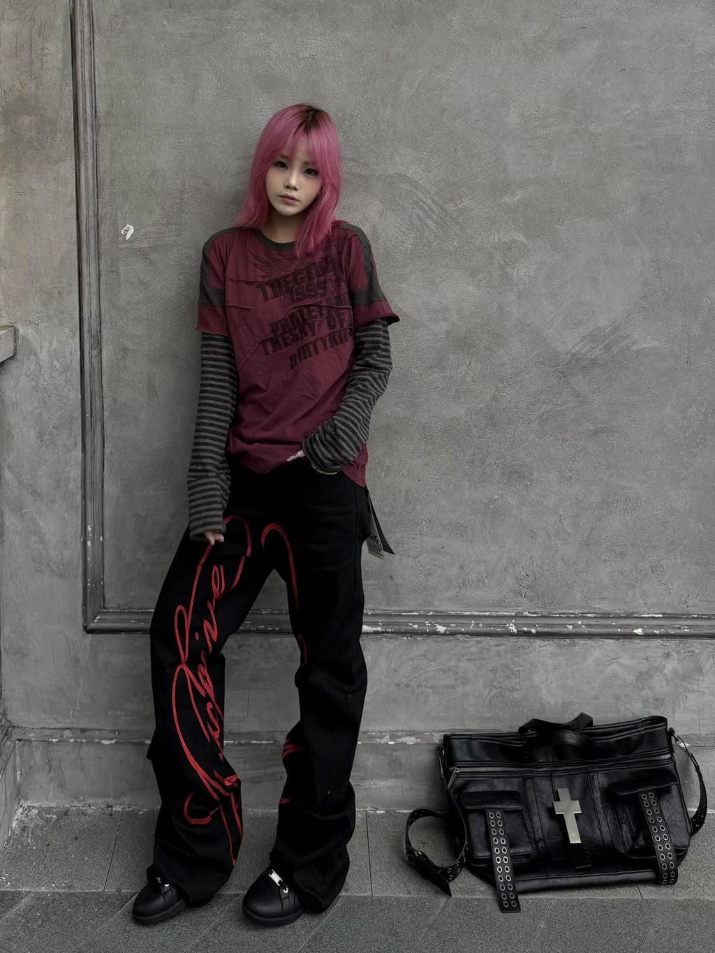 PAIKI Red Floral Letter Embroidery Women's Cotton Bootcut Jeans