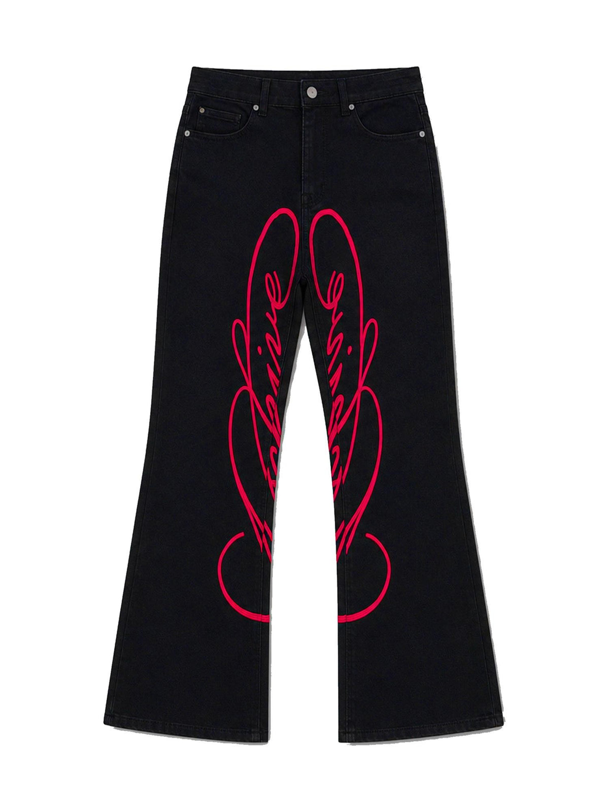 PAIKI Red Floral Letter Embroidery Women's Cotton Bootcut Jeans
