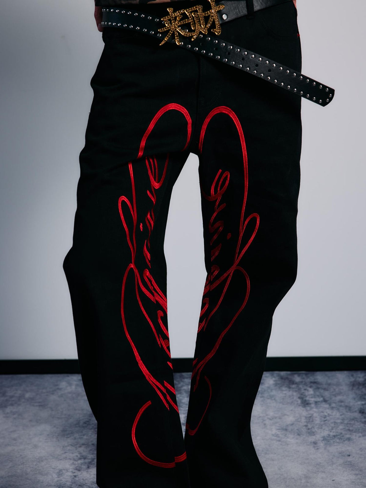 PAIKI Red Floral Letter Embroidery Women's Cotton Bootcut Jeans