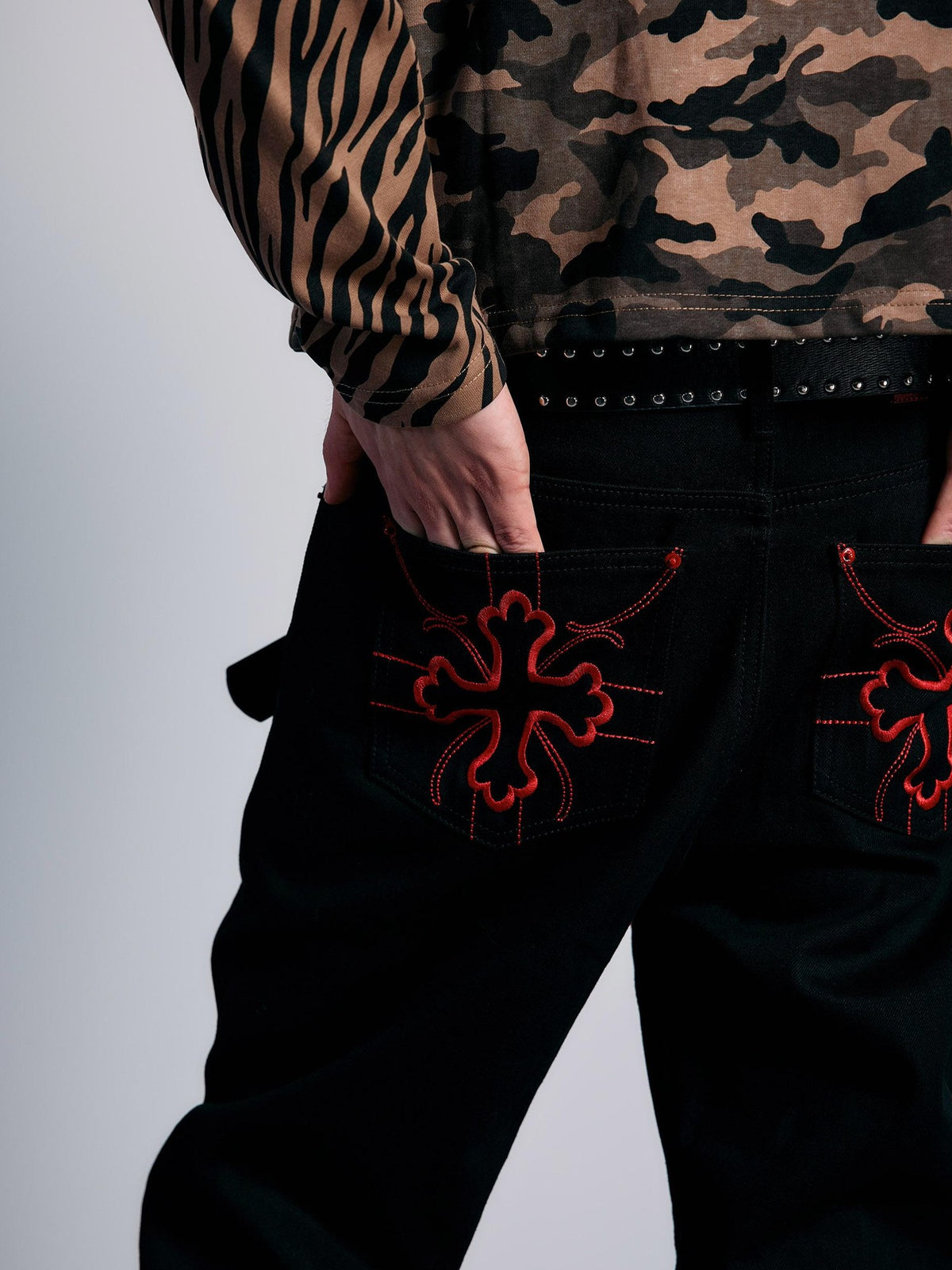 PAIKI Red Floral Letter Embroidery Women's Cotton Bootcut Jeans