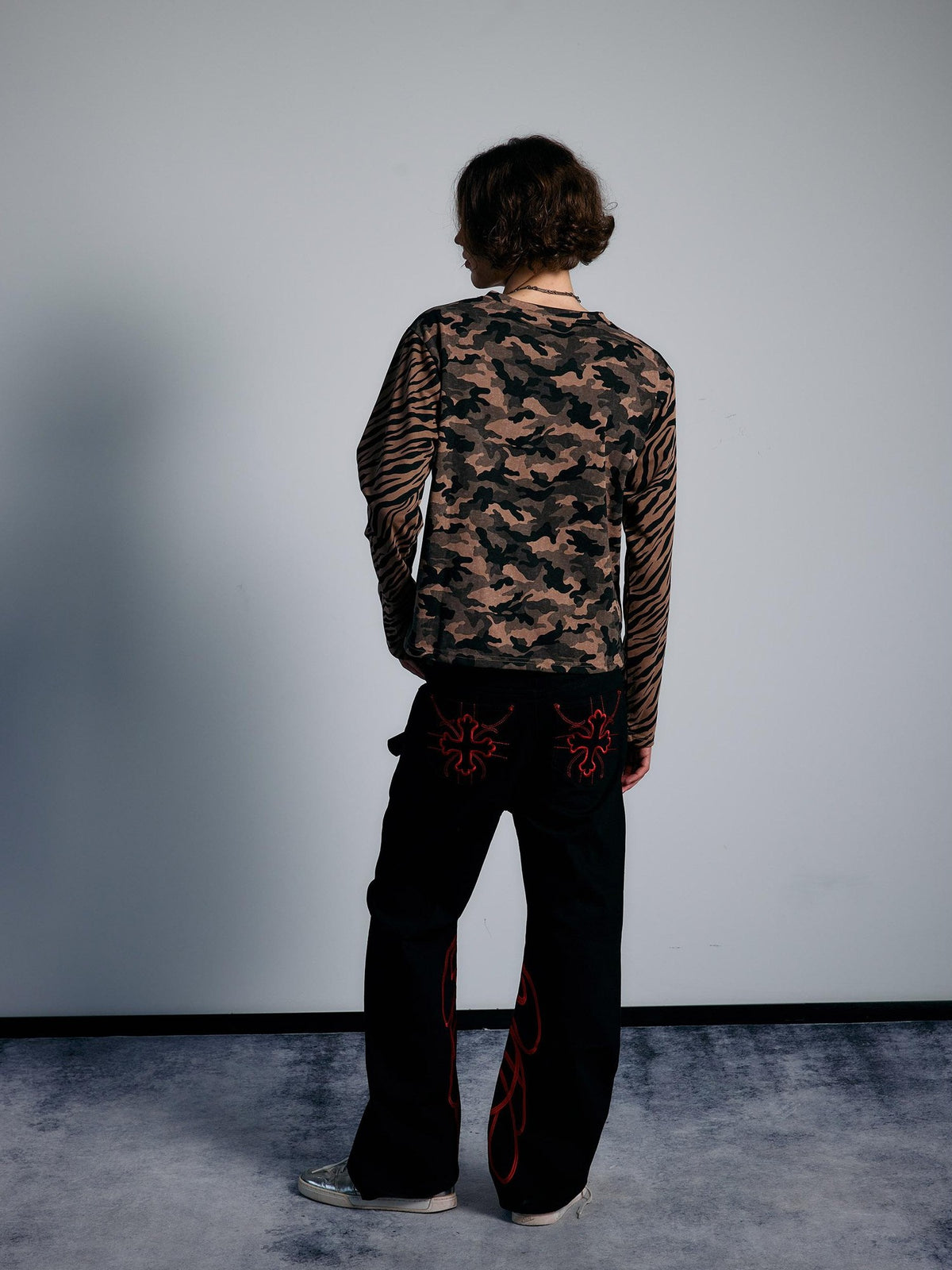 PAIKI Red Floral Letter Embroidery Women's Cotton Bootcut Jeans