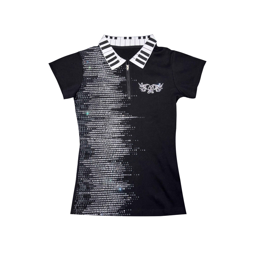 PAIKI_Rhinestone_Print_Zipper_Polo_Collar_Unisex_Sorona_Black_Short_Sleeve_T-Shirts_MISSTT