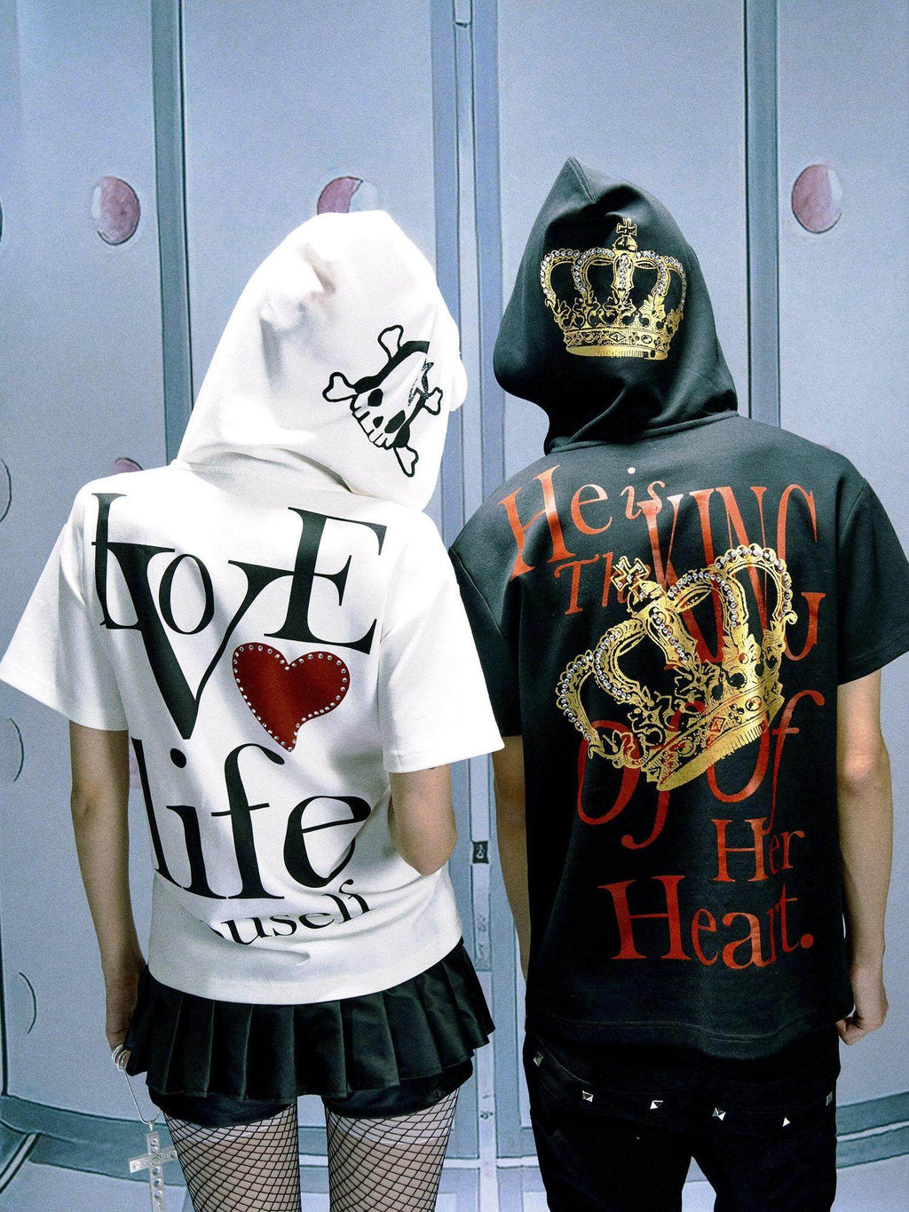 PAIKI Rhinestone Skull Print Slim Fit Hooded Unisex 100% Cotton Short Sleeve T-Shirts