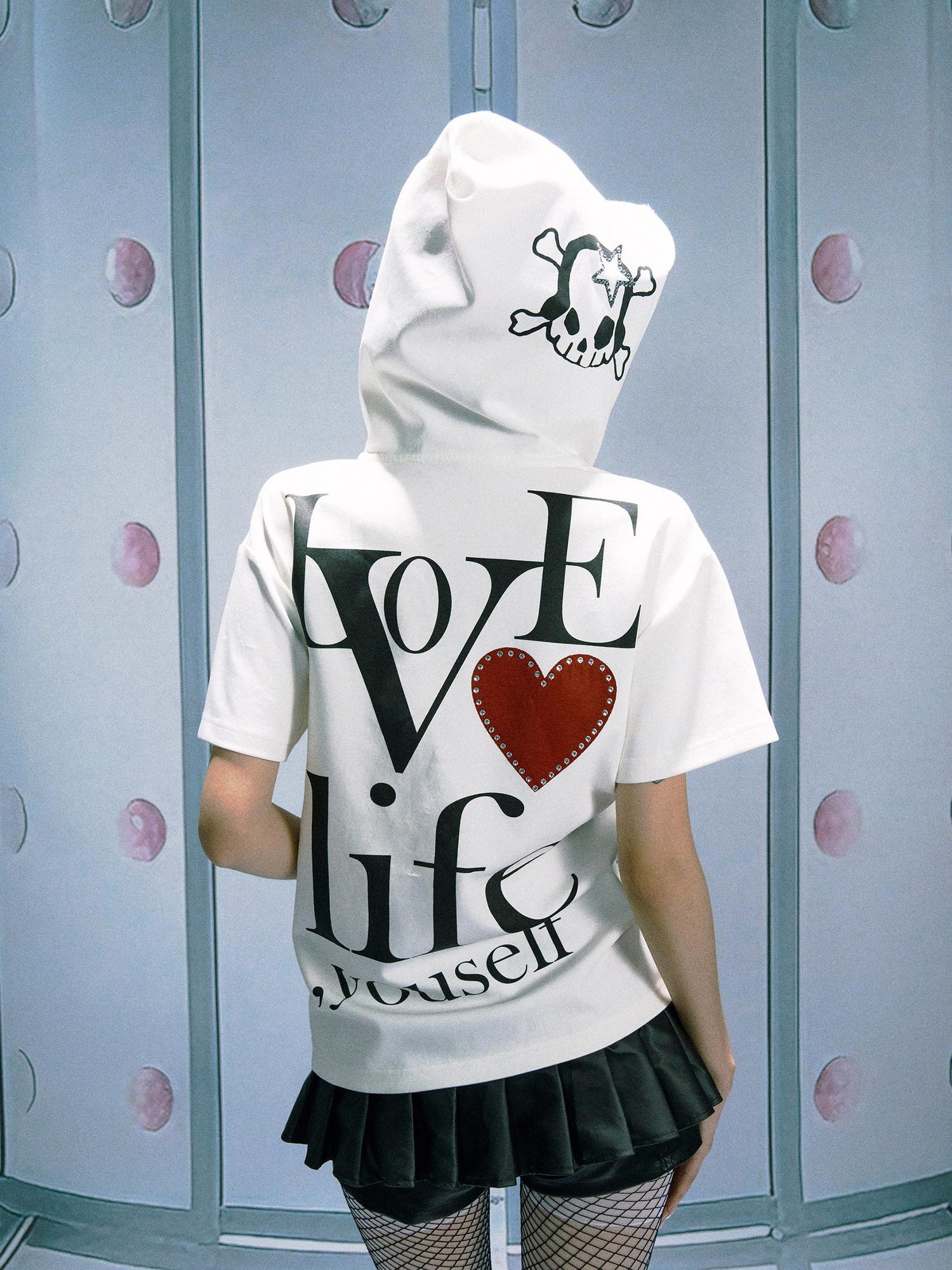 PAIKI Rhinestone Skull Print Slim Fit Hooded Unisex 100% Cotton Short Sleeve T-Shirts