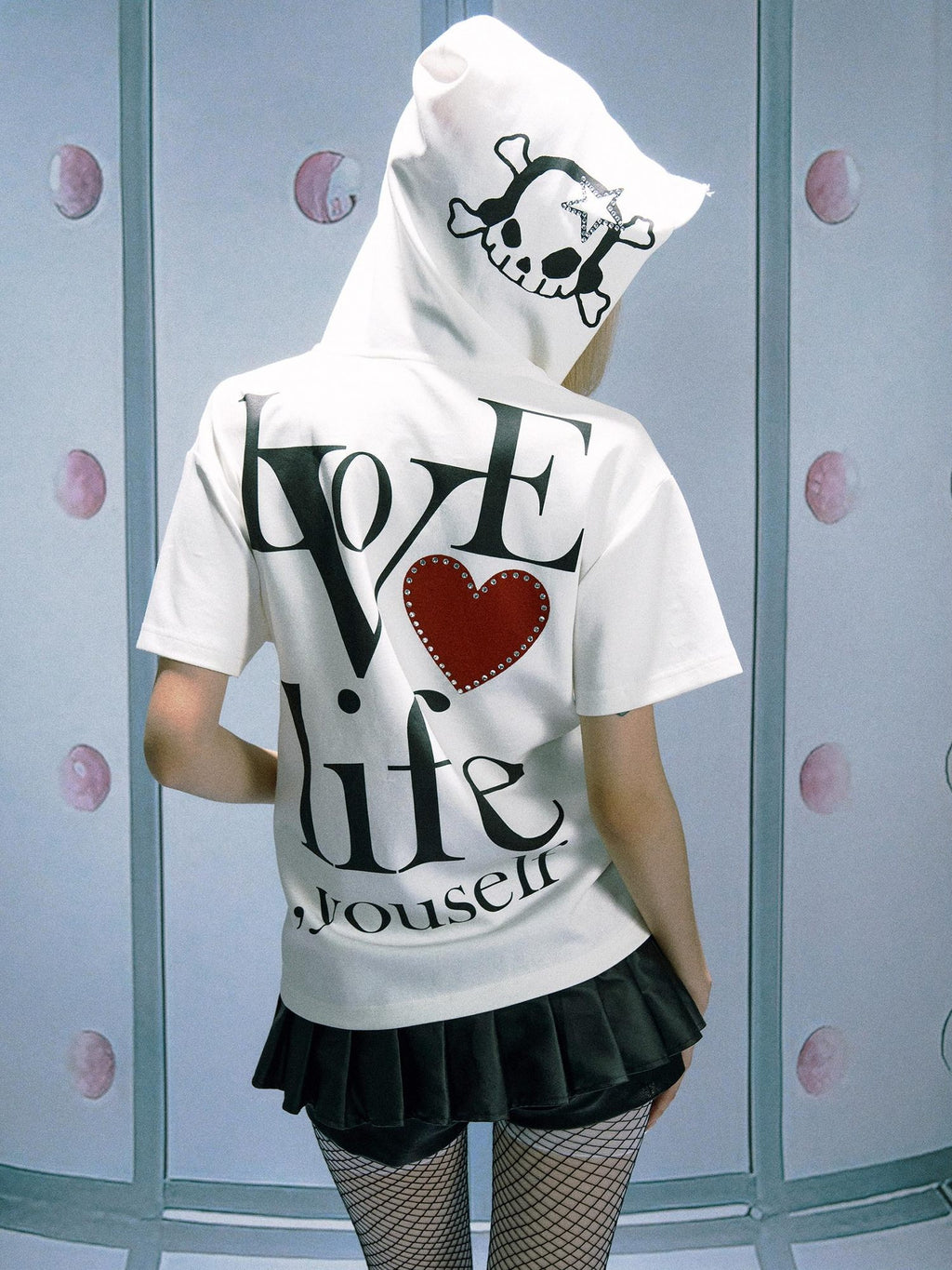 PAIKI Rhinestone Skull Print Slim Fit Hooded Unisex 100% Cotton Short Sleeve T-Shirts