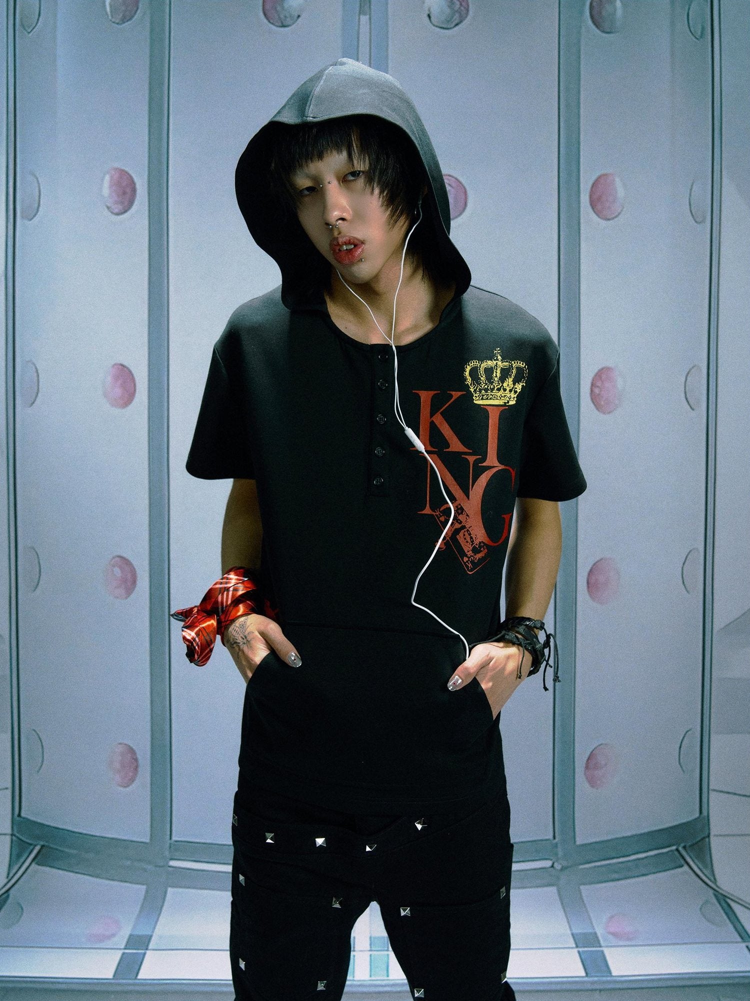 PAIKI Rhinestone Skull Print Slim Fit Hooded Unisex 100% Cotton Short Sleeve T-Shirts
