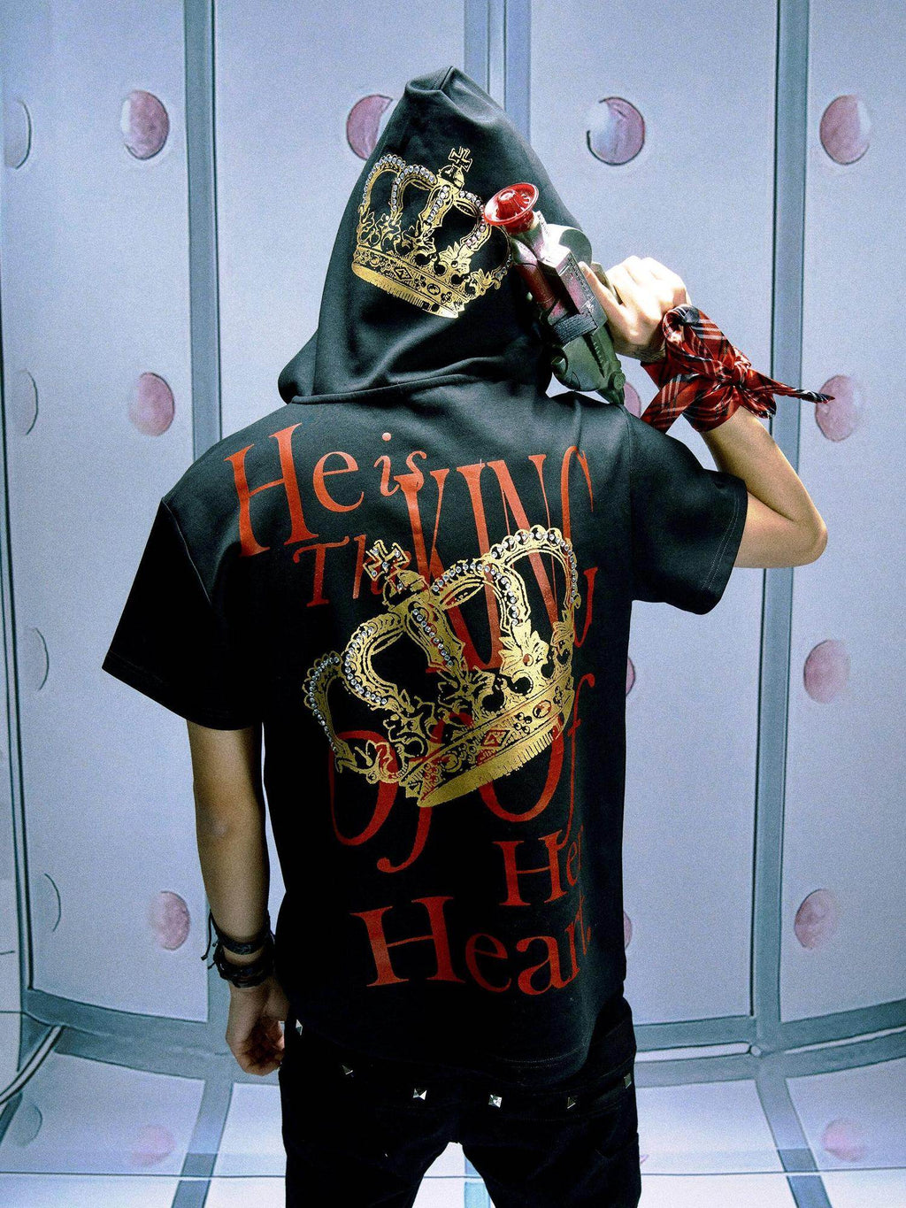 PAIKI Rhinestone Skull Print Slim Fit Hooded Unisex 100% Cotton Short Sleeve T-Shirts