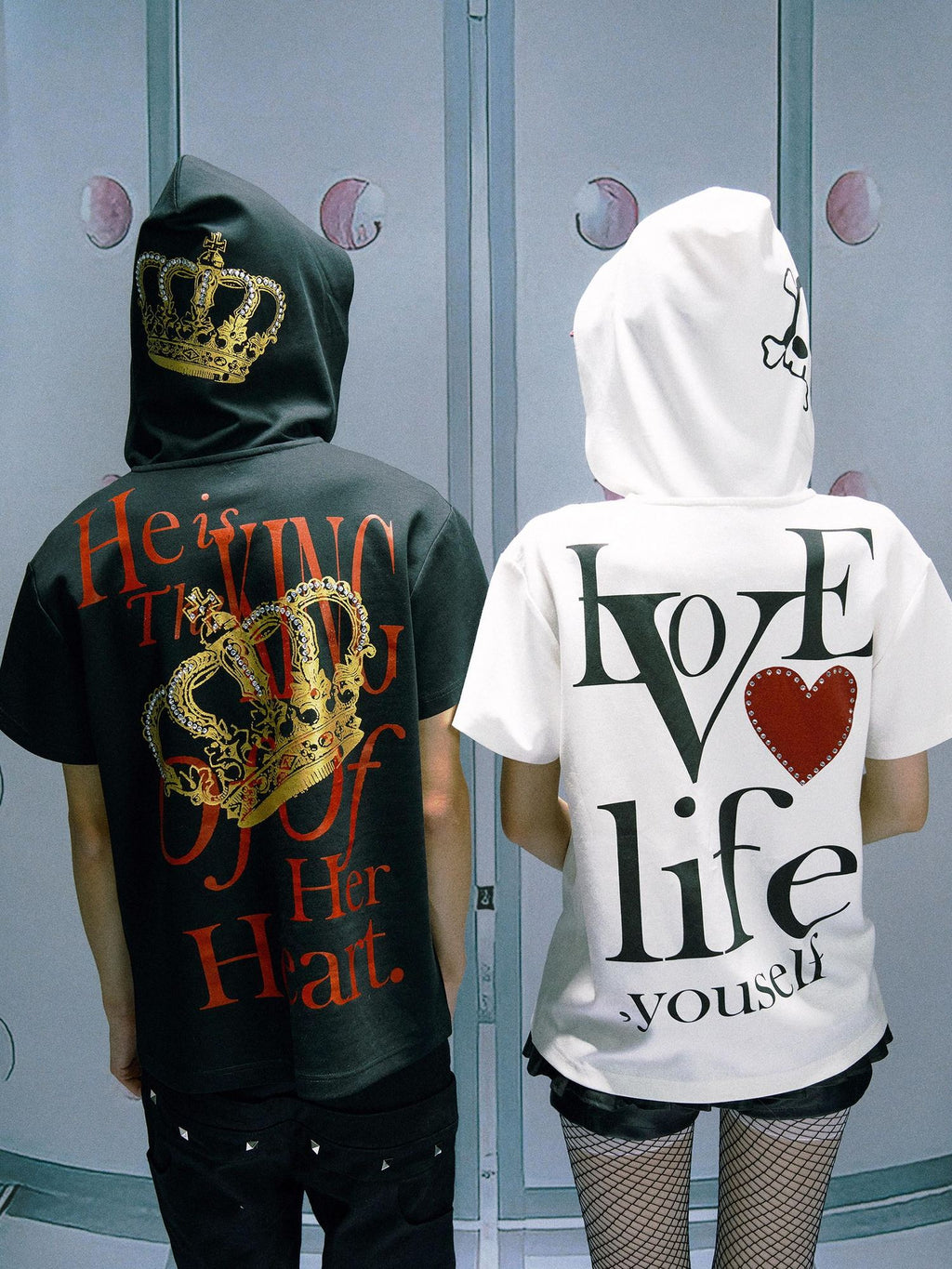 PAIKI Rhinestone Skull Print Slim Fit Hooded Unisex 100% Cotton Short Sleeve T-Shirts