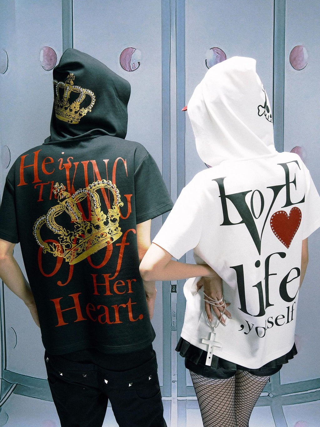 PAIKI Rhinestone Skull Print Slim Fit Hooded Unisex 100% Cotton Short Sleeve T-Shirts