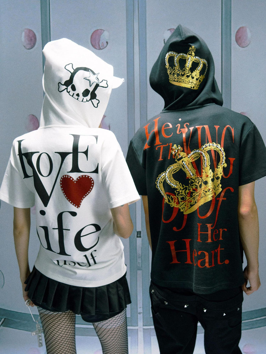 PAIKI Rhinestone Skull Print Slim Fit Hooded Unisex 100% Cotton Short Sleeve T-Shirts