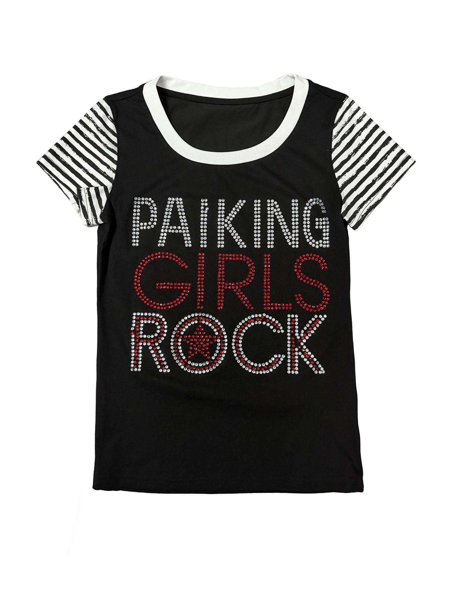 PAIKI Rhinestone Slim Fit Unisex Striped Cotton Round Neck Short Sleeve T-Shirts