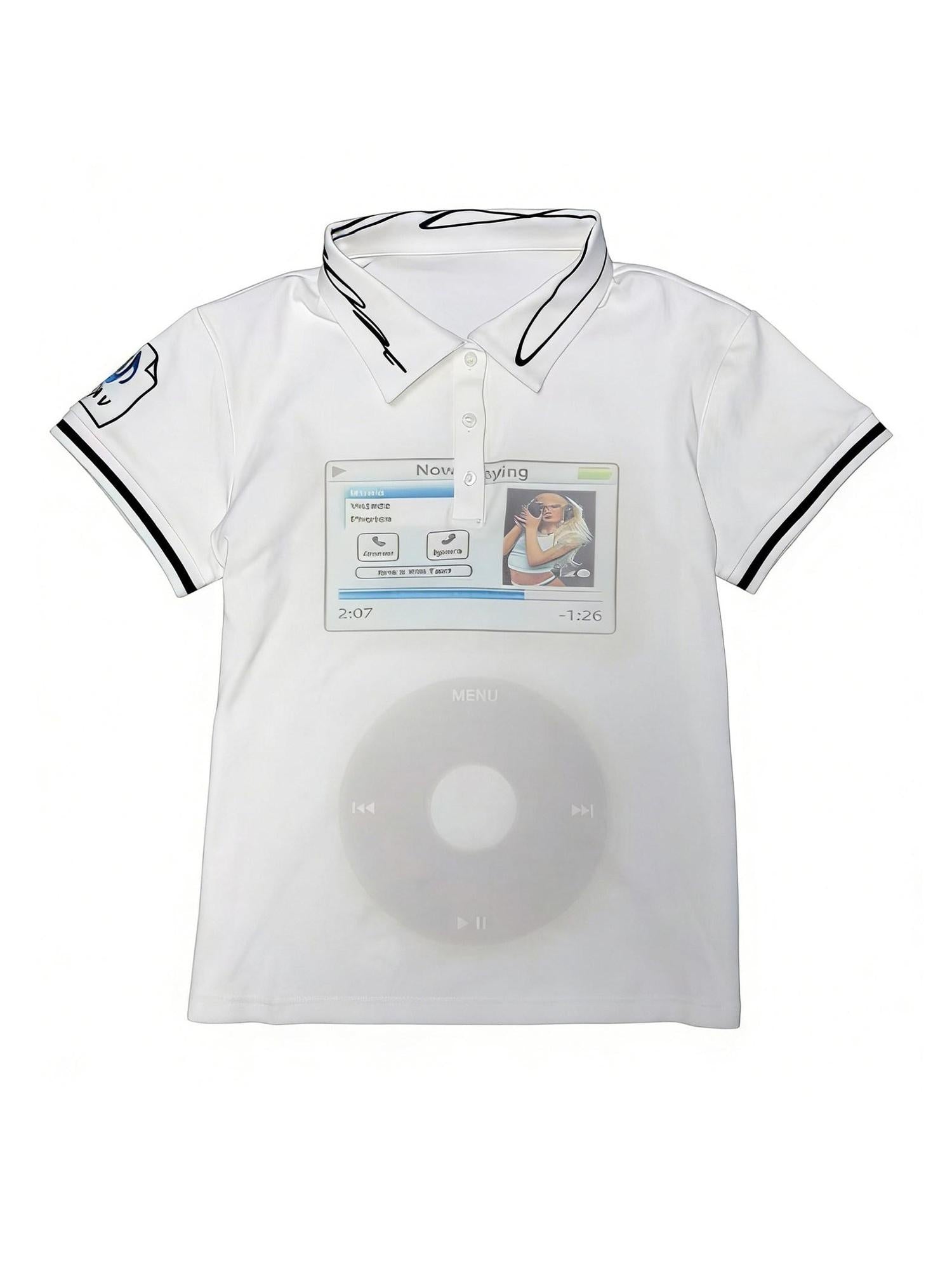 PAIKI Rhinestone Sorona Zip Polo Unisex Music Rock White Short Sleeve T-Shirts