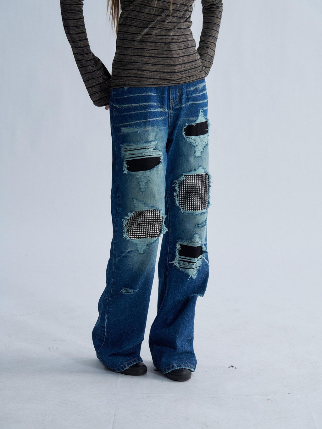 PAIKI Rhinestone Studded Embroidered Washed Women's Denim Ripped Jeans