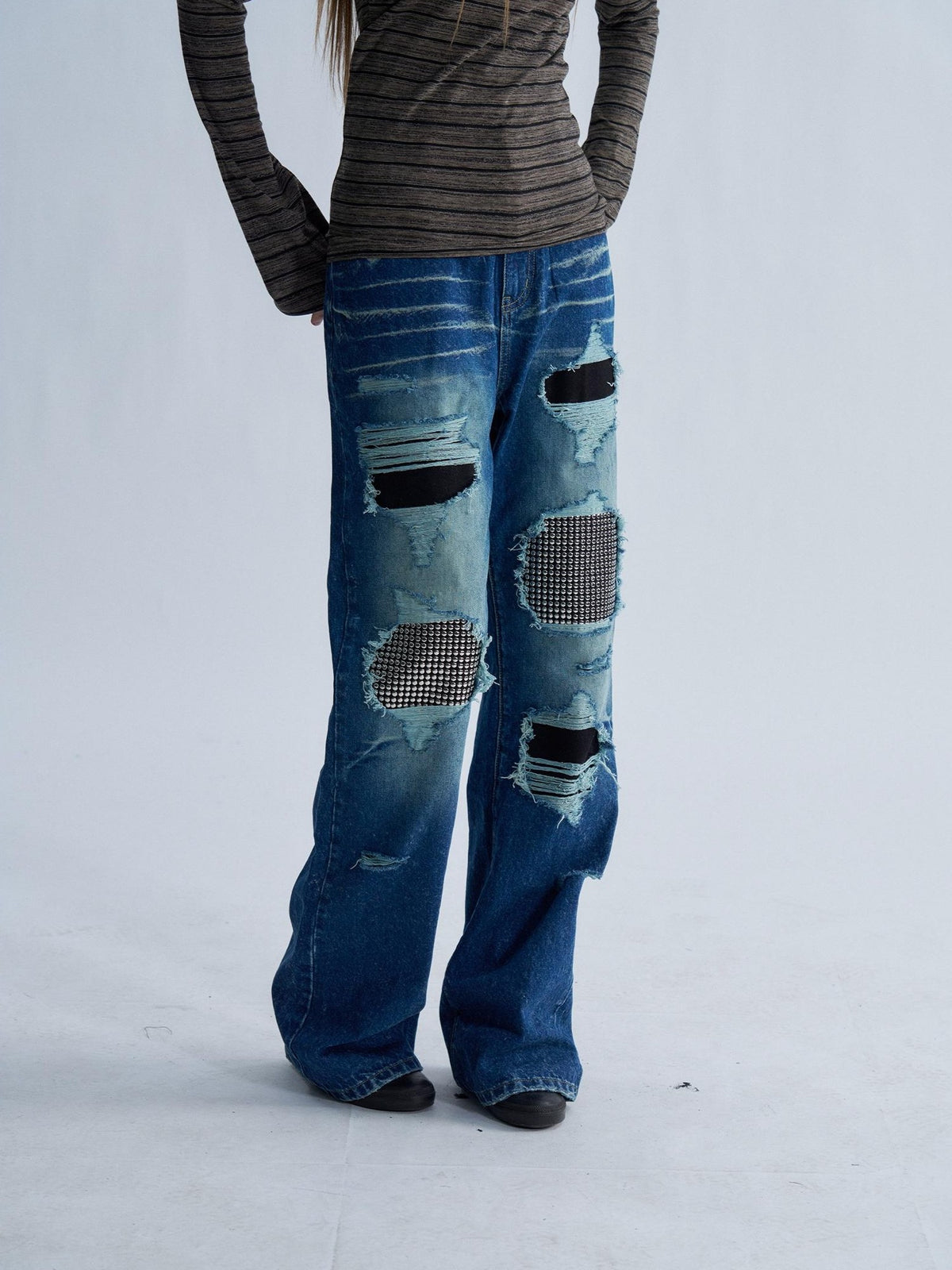 PAIKI Rhinestone Studded Embroidered Washed Women's Denim Ripped Jeans