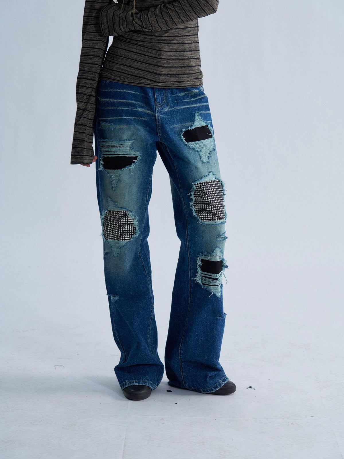 PAIKI Rhinestone Studded Embroidered Washed Women's Denim Ripped Jeans