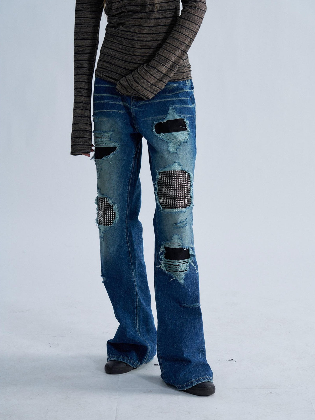 PAIKI Rhinestone Studded Embroidered Washed Women's Denim Ripped Jeans