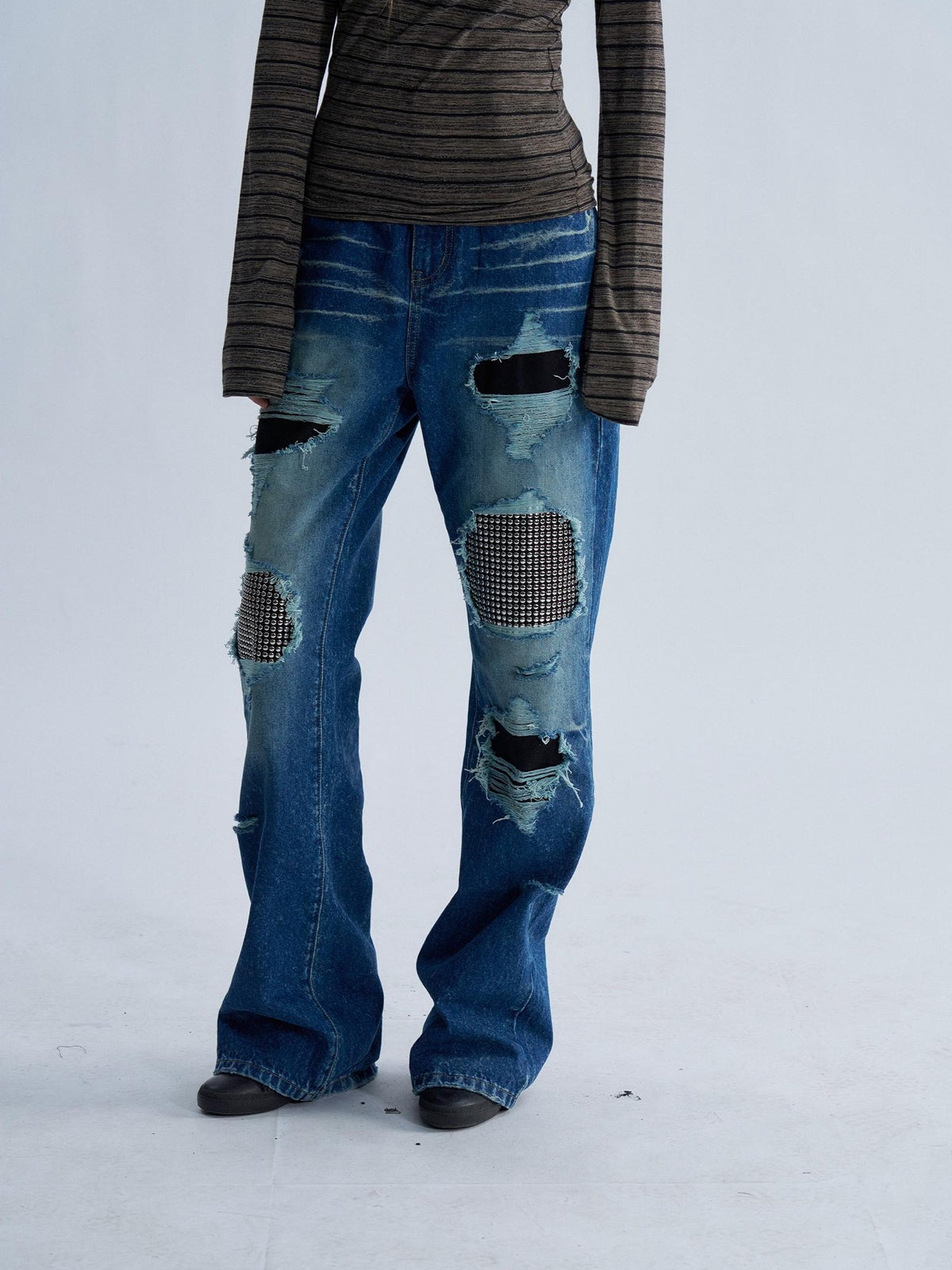 PAIKI Rhinestone Studded Embroidered Washed Women's Denim Ripped Jeans