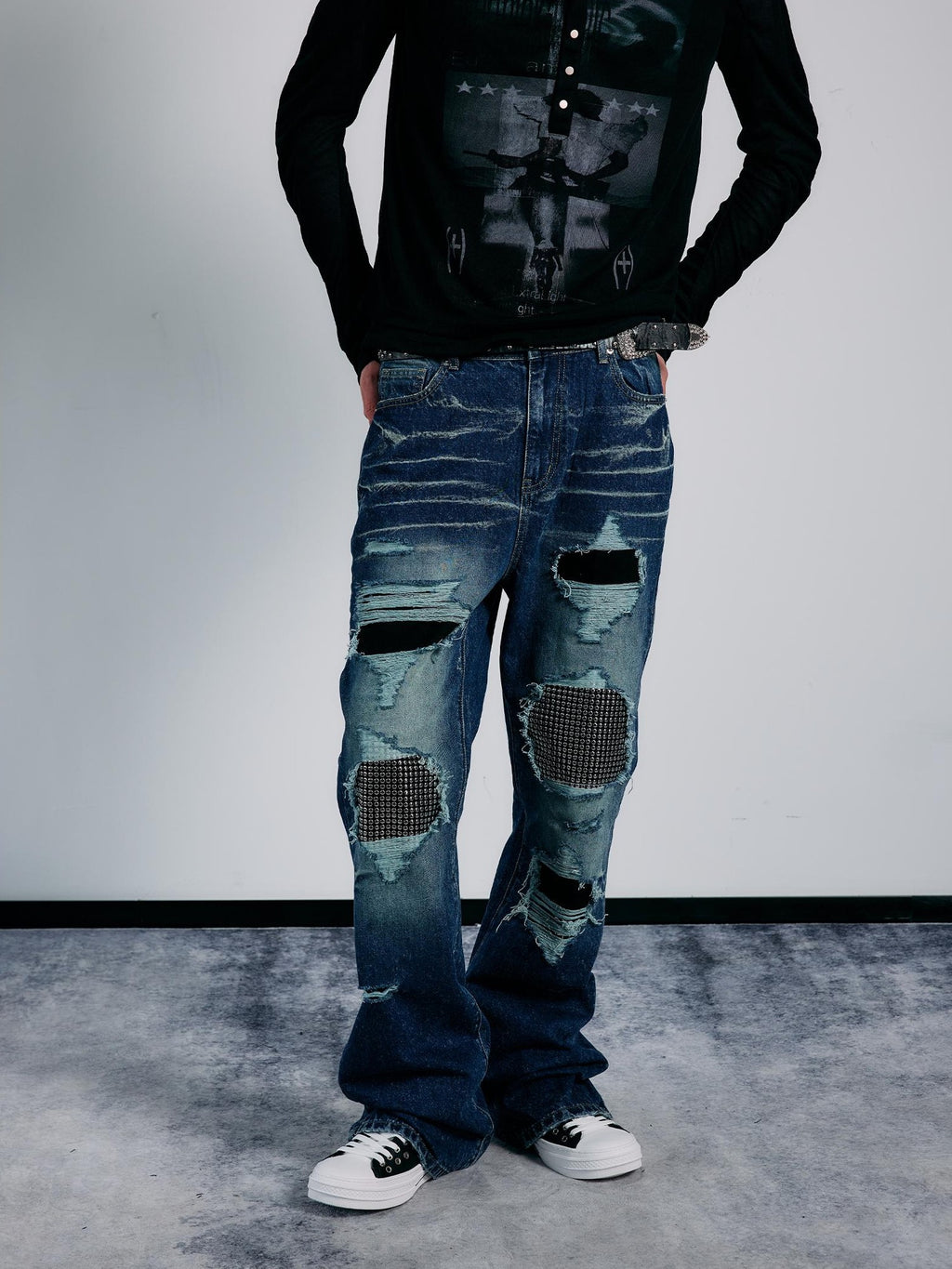 PAIKI Rhinestone Studded Embroidered Washed Women's Denim Ripped Jeans