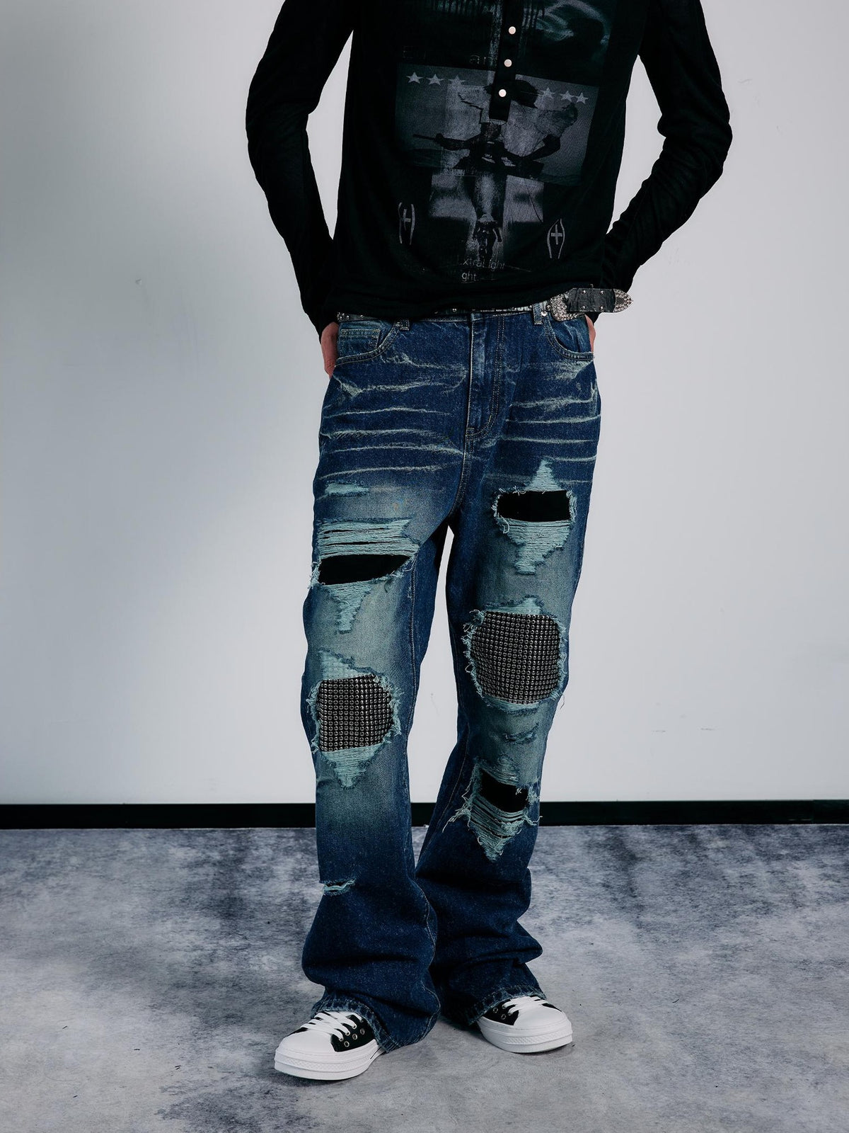 PAIKI Rhinestone Studded Embroidered Washed Women's Denim Ripped Jeans