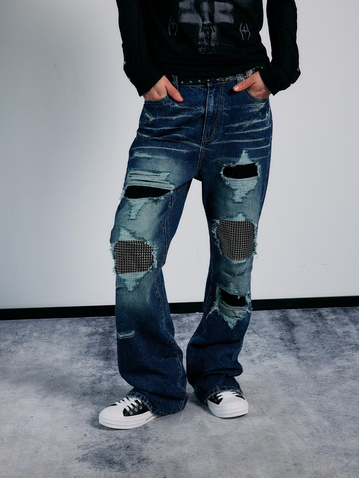 PAIKI Rhinestone Studded Embroidered Washed Women's Denim Ripped Jeans