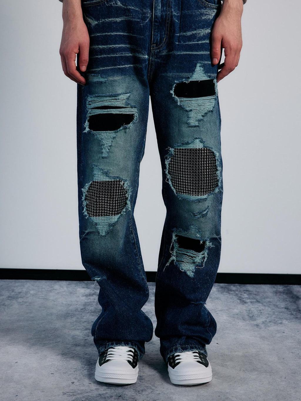 PAIKI Rhinestone Studded Embroidered Washed Women's Denim Ripped Jeans