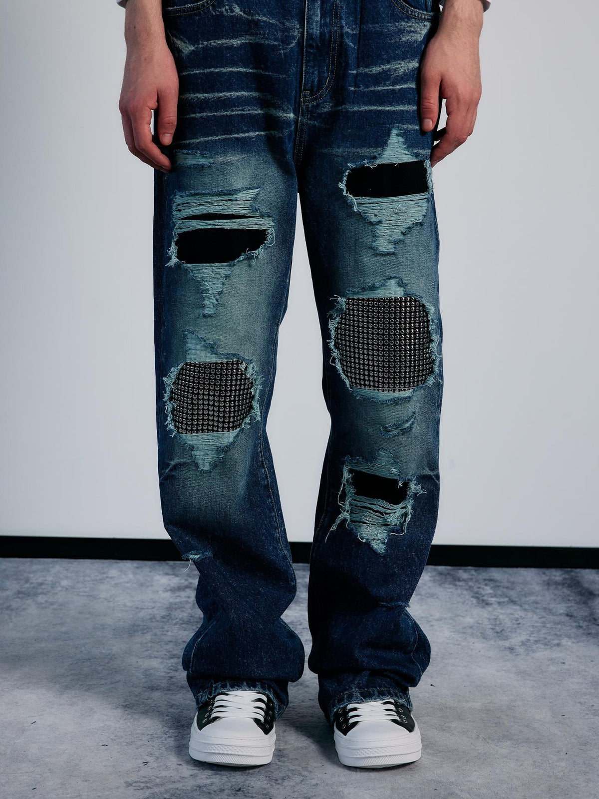 PAIKI Rhinestone Studded Embroidered Washed Women's Denim Ripped Jeans