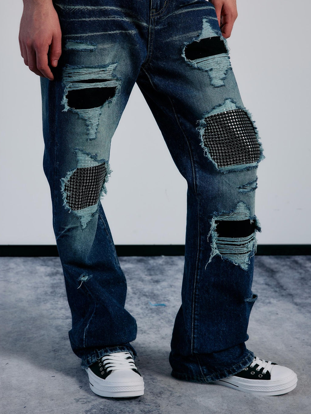 PAIKI Rhinestone Studded Embroidered Washed Women's Denim Ripped Jeans
