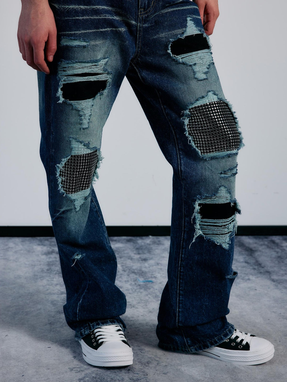 PAIKI Rhinestone Studded Embroidered Washed Women's Denim Ripped Jeans