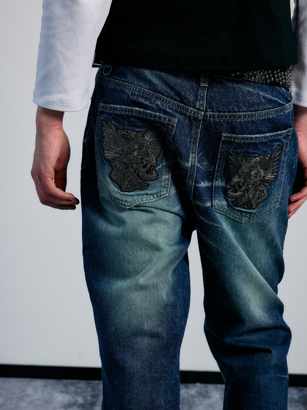 PAIKI Rhinestone Studded Embroidered Washed Women's Denim Ripped Jeans