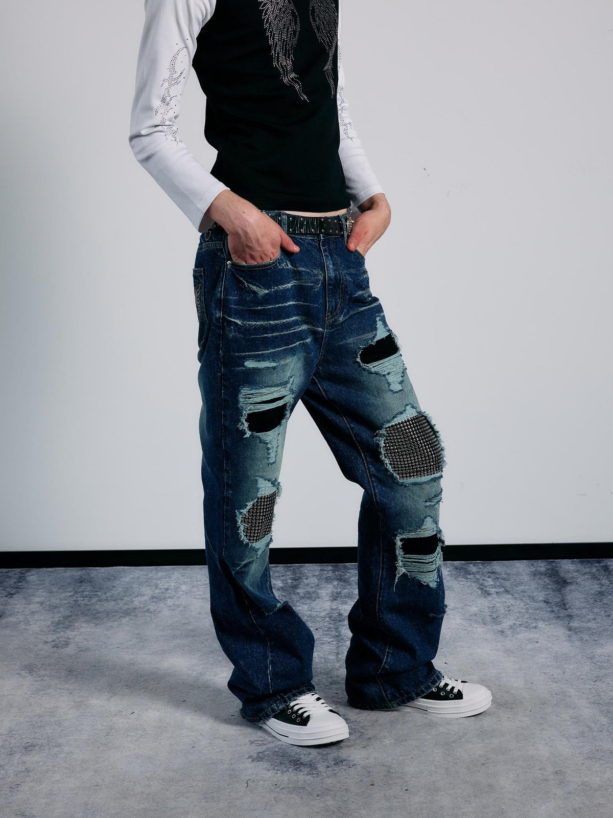 PAIKI Rhinestone Studded Embroidered Washed Women's Denim Ripped Jeans