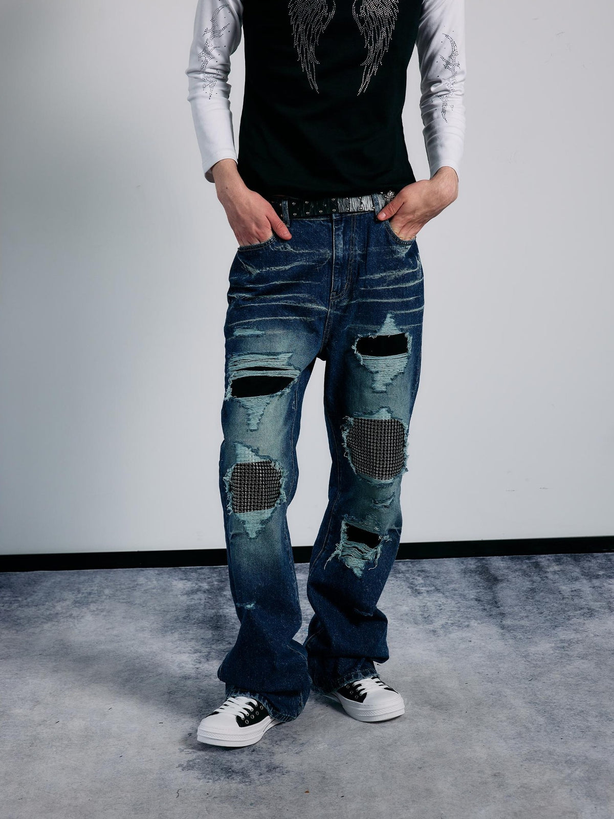 PAIKI Rhinestone Studded Embroidered Washed Women's Denim Ripped Jeans