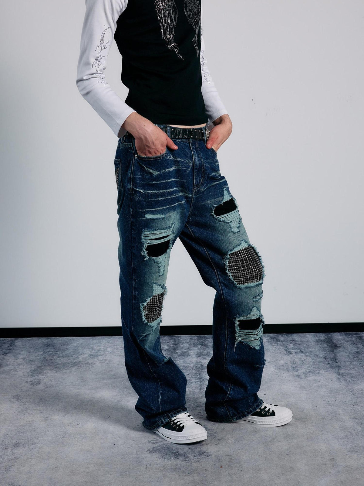 PAIKI Rhinestone Studded Embroidered Washed Women's Denim Ripped Jeans