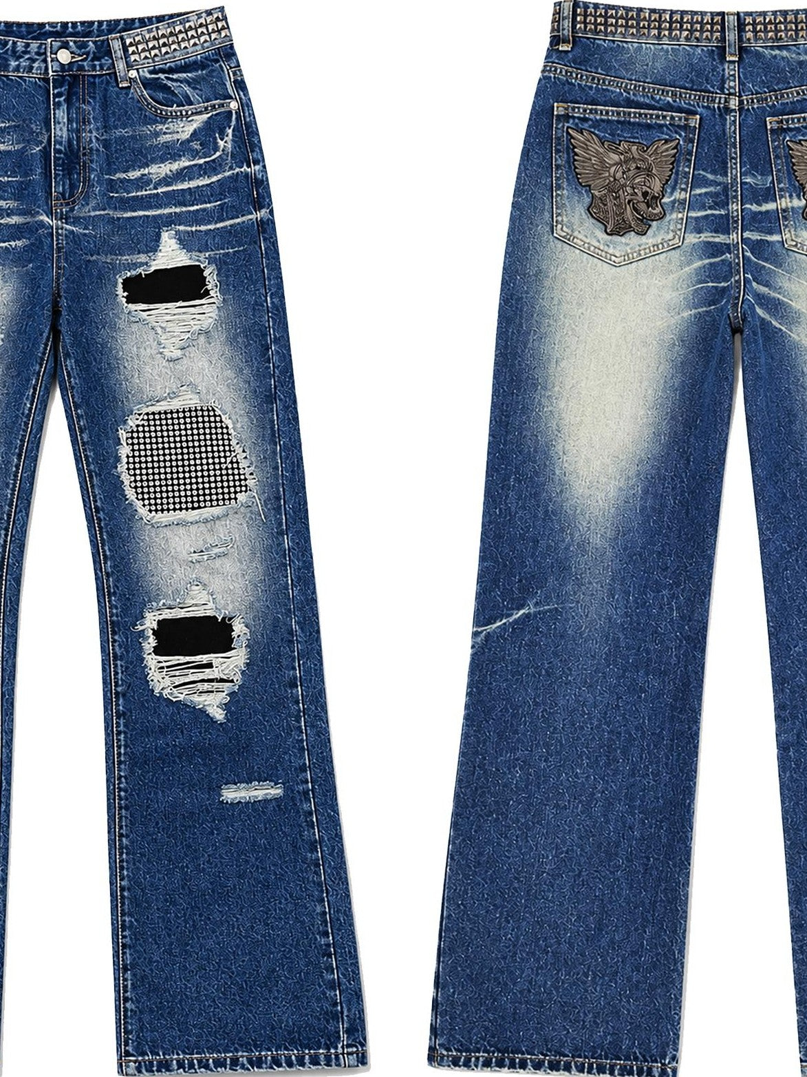PAIKI Rhinestone Studded Embroidered Washed Women's Denim Ripped Jeans