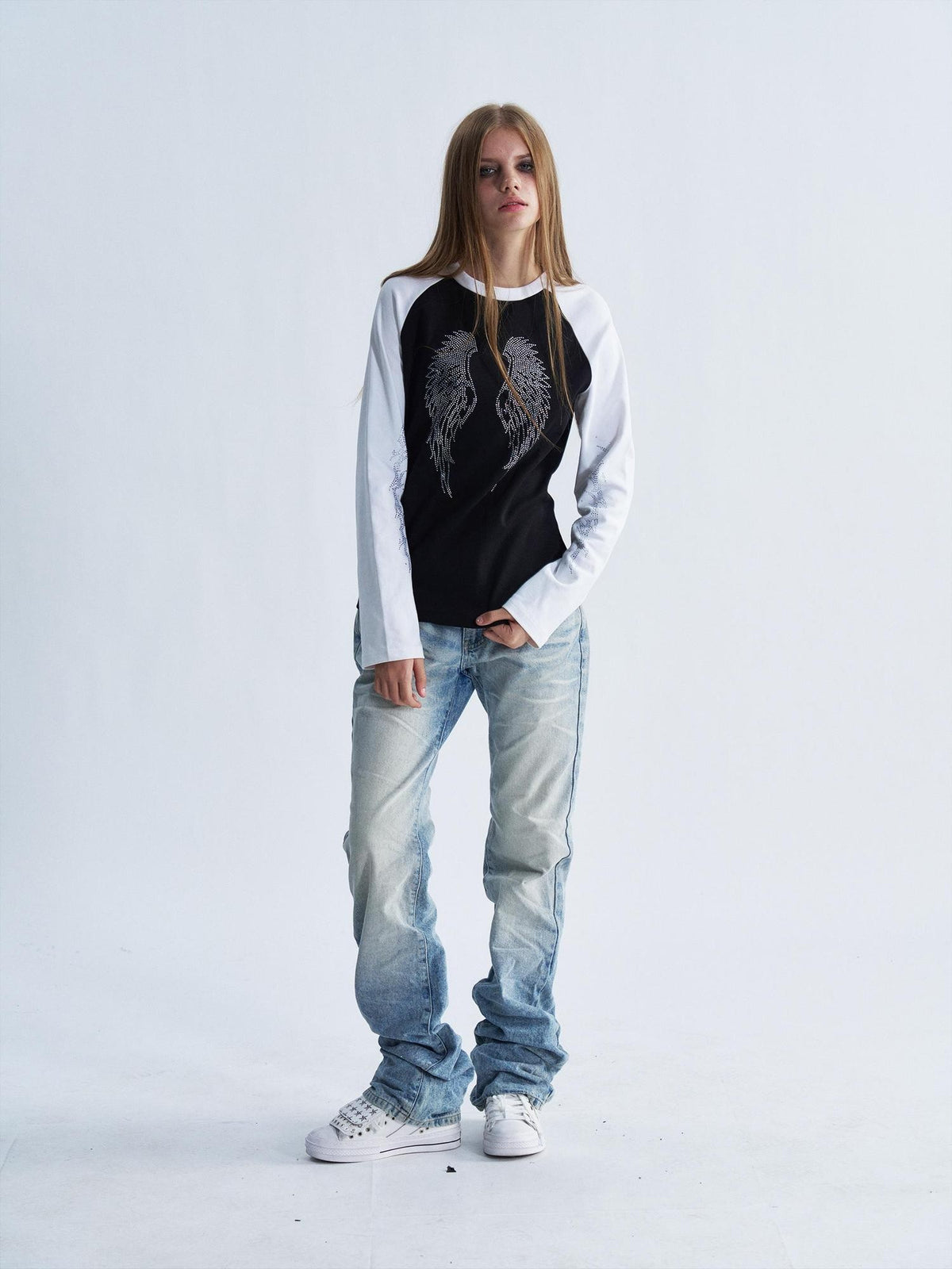 PAIKI Rhinestone Wings Thorns Punk Slim Fit Raglan Sleeve Women's Cotton Long Sleeve T-shirts