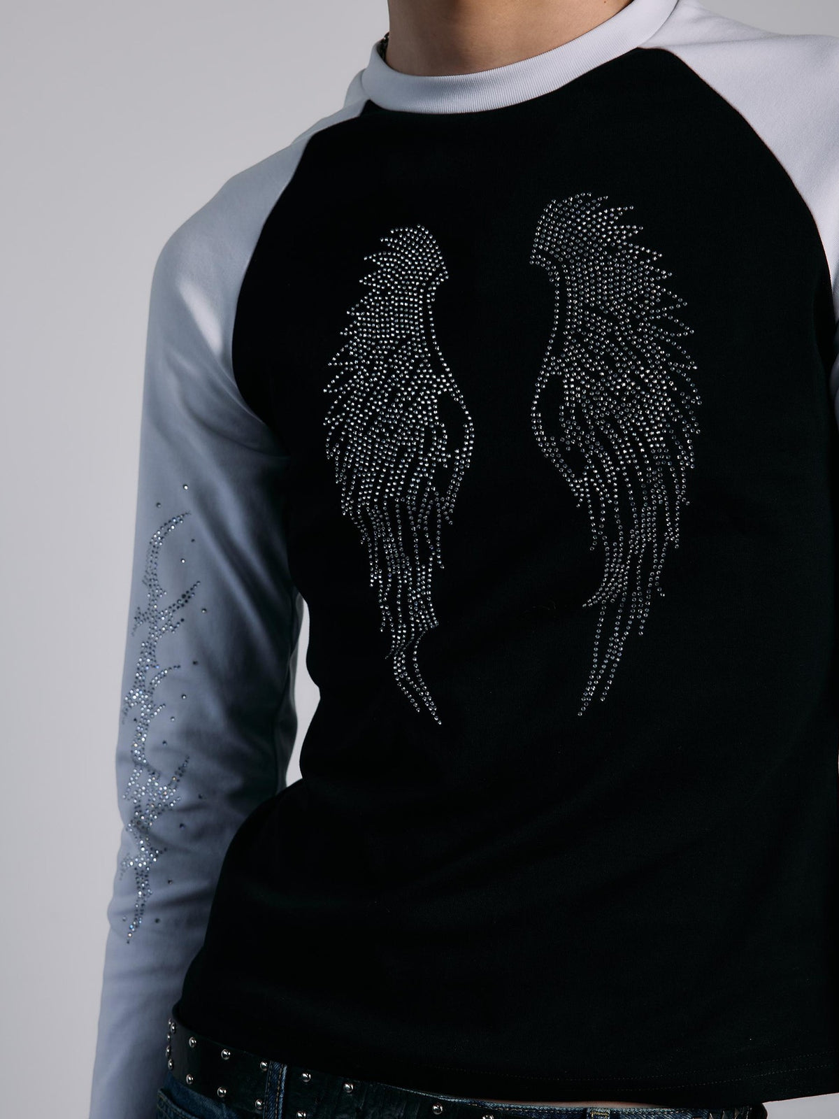 PAIKI Rhinestone Wings Thorns Punk Slim Fit Raglan Sleeve Women's Cotton Long Sleeve T-shirts