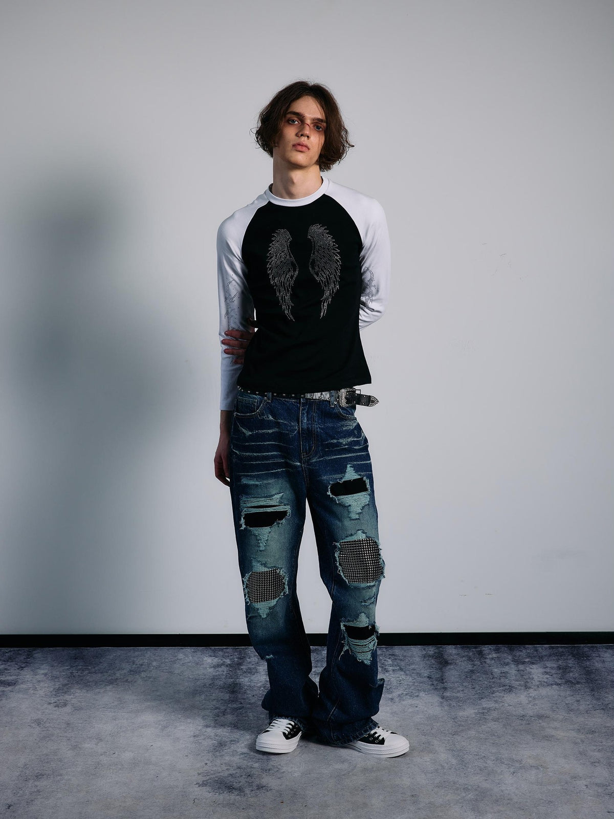 PAIKI Rhinestone Wings Thorns Punk Slim Fit Raglan Sleeve Women's Cotton Long Sleeve T-shirts