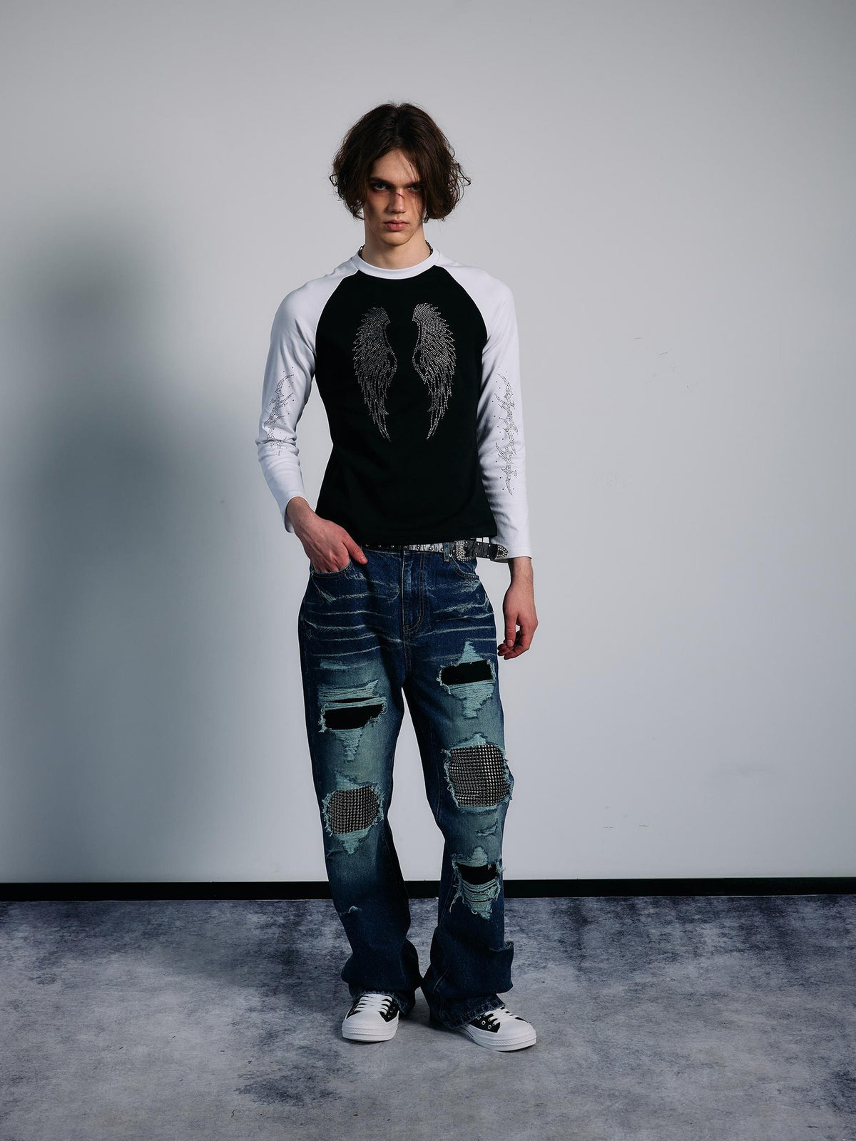 PAIKI Rhinestone Wings Thorns Punk Slim Fit Raglan Sleeve Women's Cotton Long Sleeve T-shirts